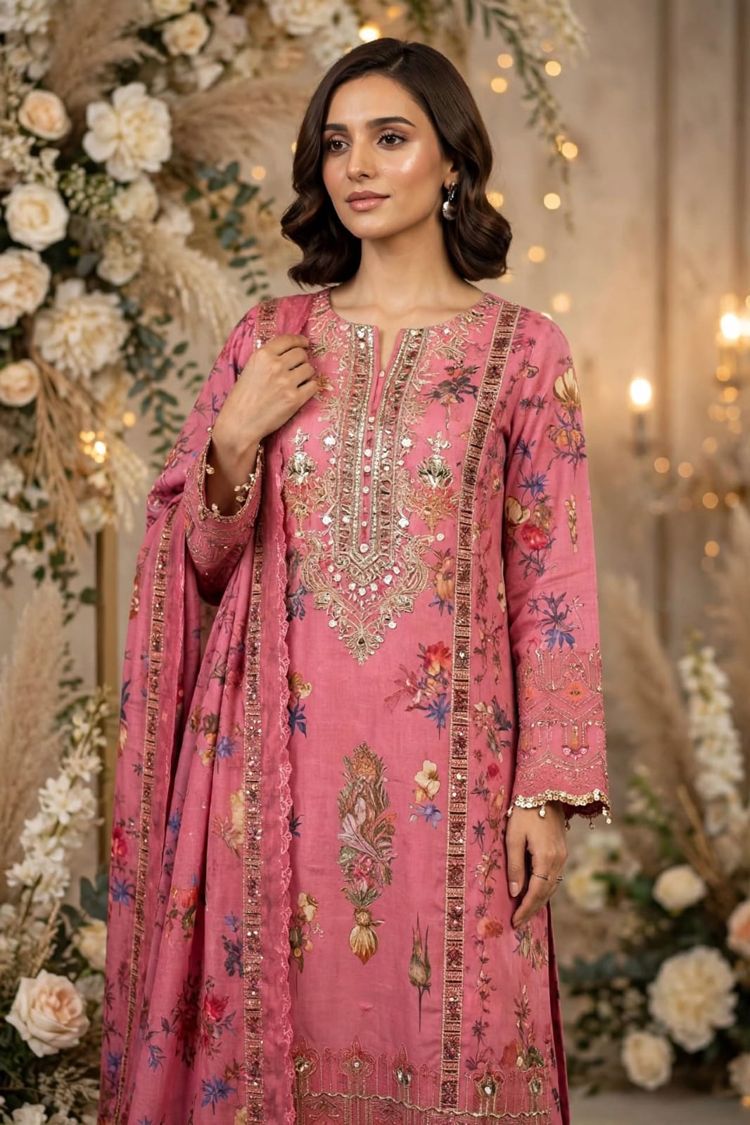 3 PC Unstitched Premium Pink Printed Lawn with Heavy Embroidered Neckline & Decorative Patches