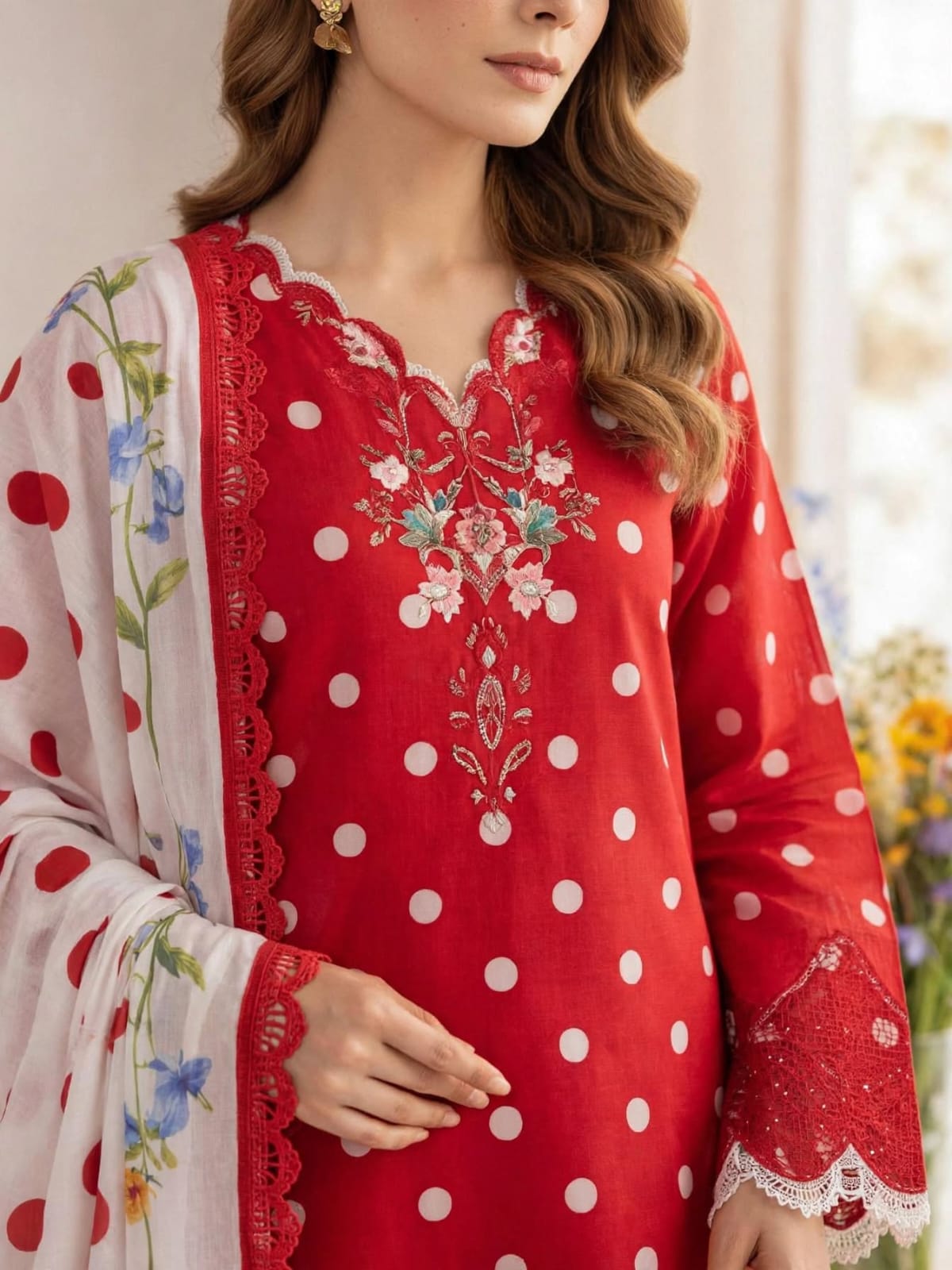 3-Piece Unstitched Red Polka Lawn Suit with Embroidered Neckline & Patches