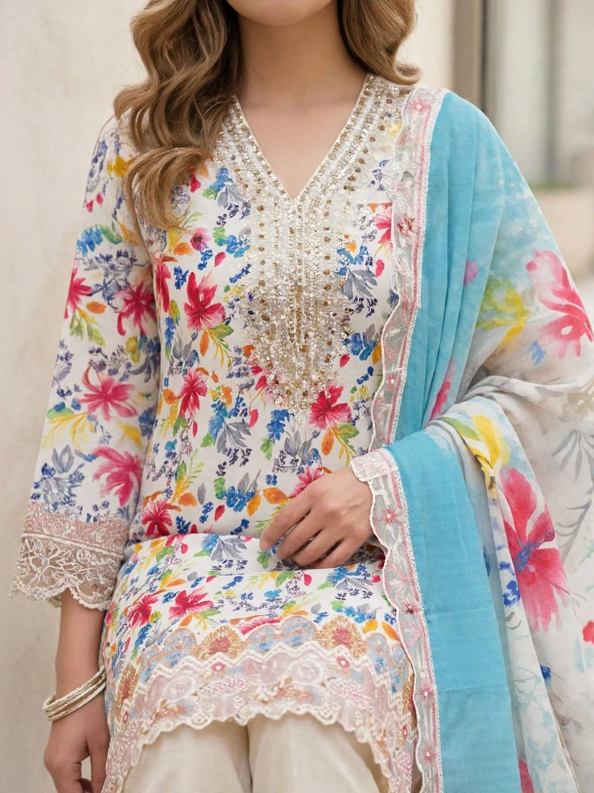 3-Piece Unstitched Sky Bloom Floral Lawn Suit with Embroidered Neckline & Border Patches