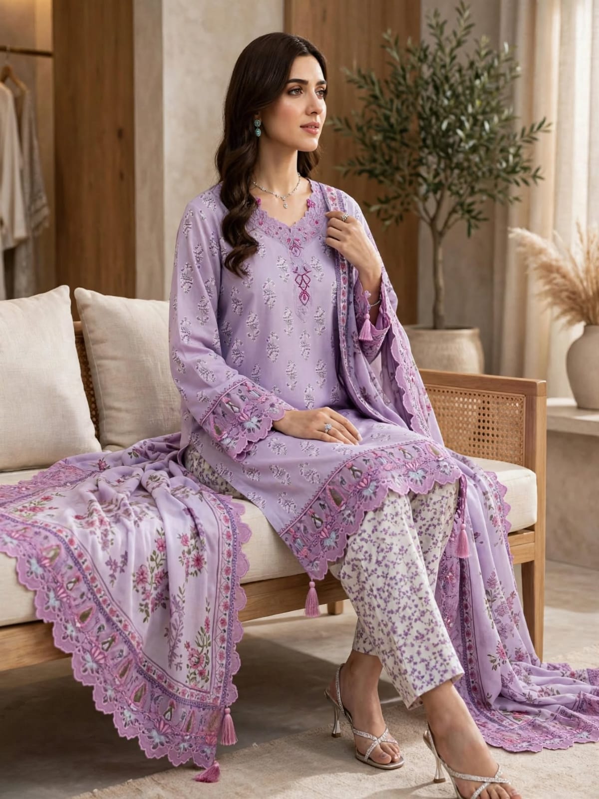 3 Pc Unstitched Lilac Lavender  Lawn Suit with Cutwork Borders & Embroidered Patches