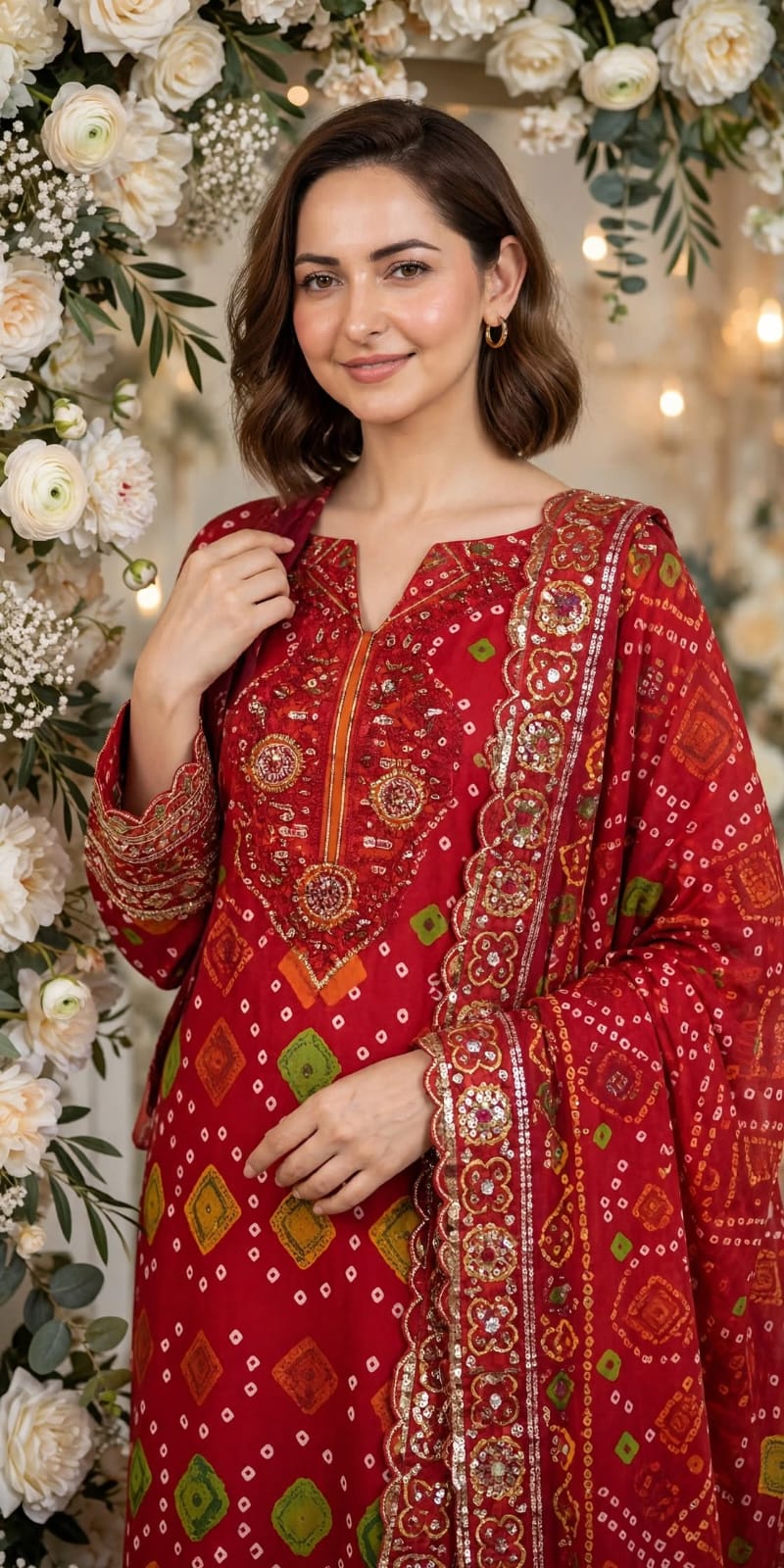 3 Pc Unstitched Traditional Red Bandhani Chunri  Lawn Suit with Mirror & Gota Embroidered Patches