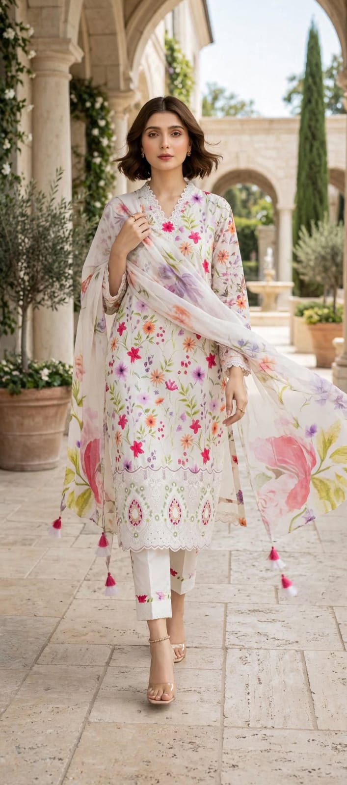 3 Pc Unstitched Ivory Multi-Floral Lawn Suit with Cutwork Daman & Embroidered Patches