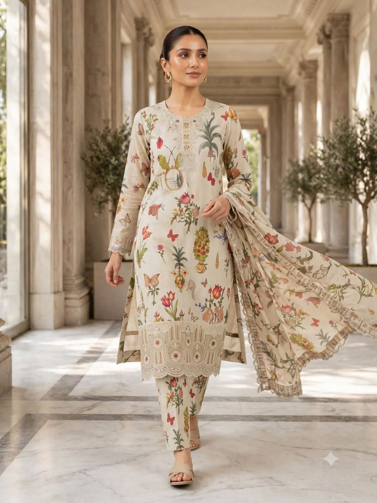 3 Pc Beige Botanical Unstitched Lawn Suit with Cutwork Border & Embroidered Patches