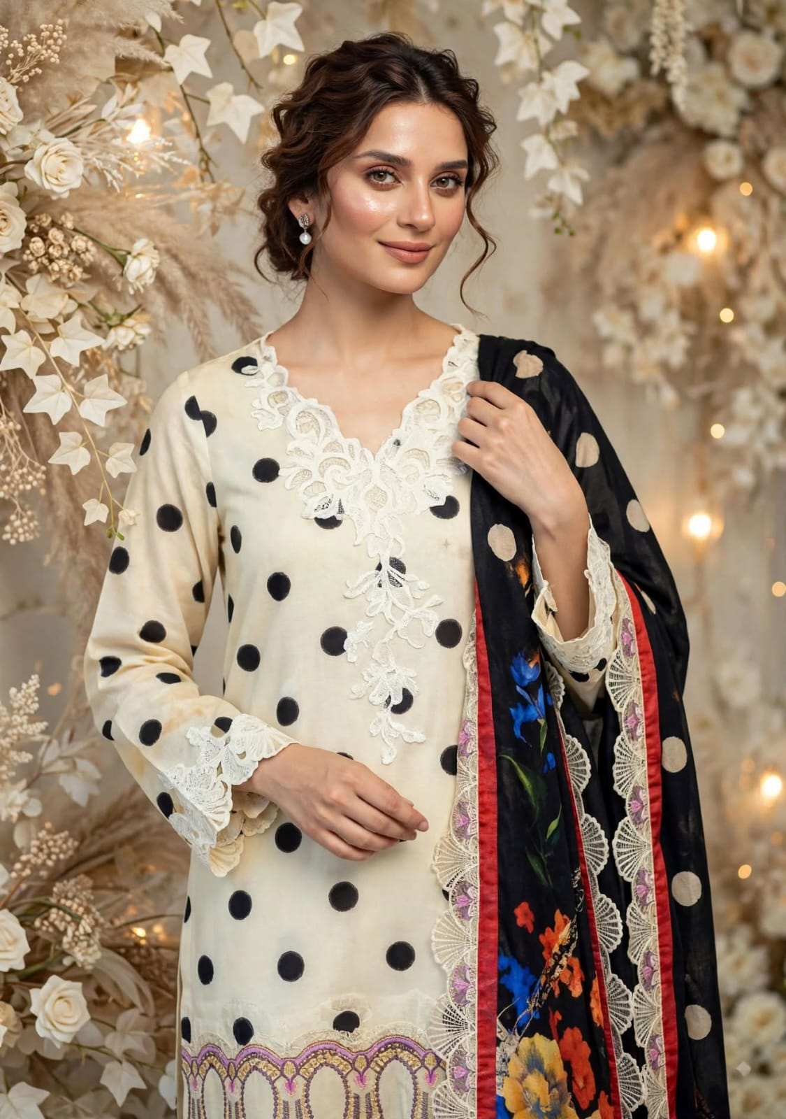 3 Pc Unstitched Ivory & Black Polka Dot Lawn Suit with Floral Dupatta & Lace Patches