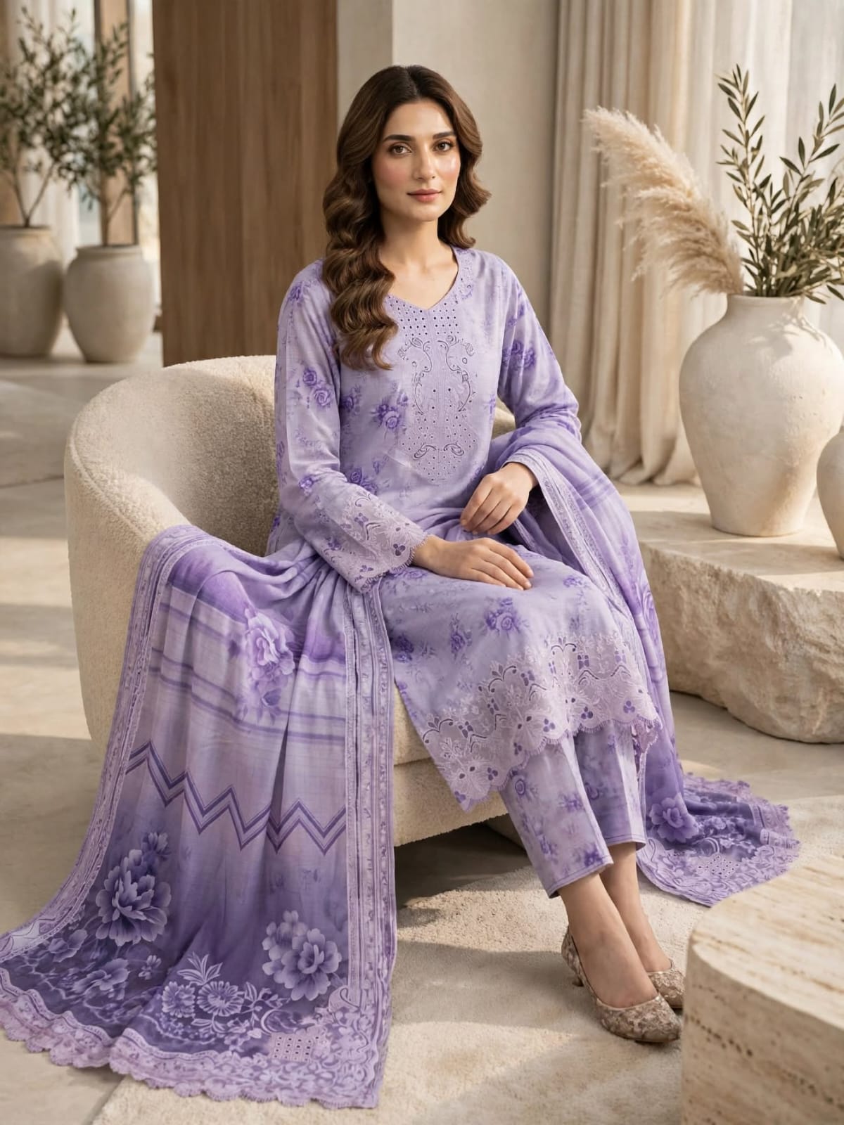 3 Pc Unstitched Monochromatic Soft Lavender  Lawn Suit with Cutwork Daman & Embroidered Neckline Patches
