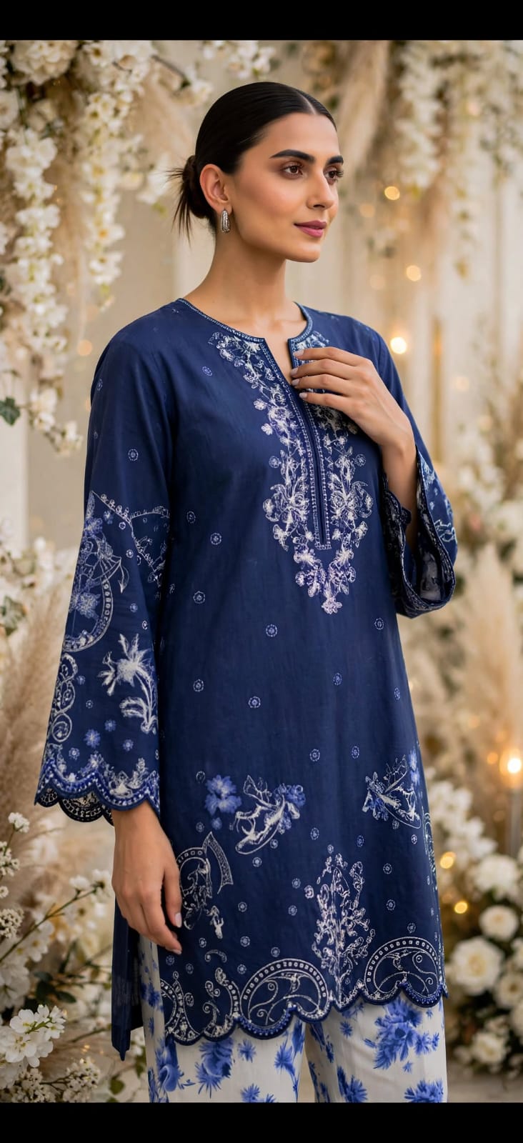 Stitched 2-Piece Navy Blue Embroidered Lawn Co-Ord Set with Printed Trousers