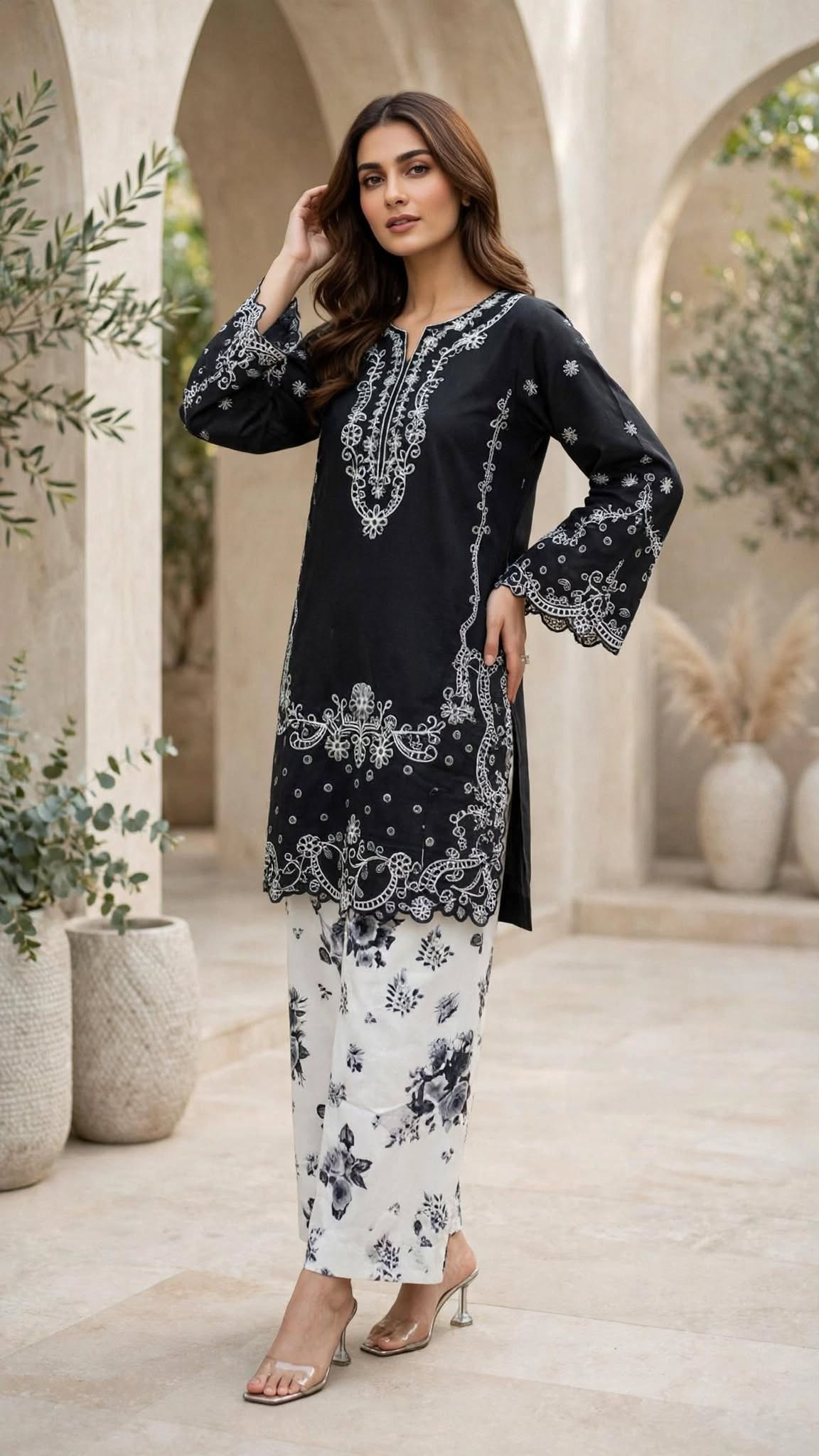 Stitched 2-Piece Black Embroidered Lawn Co-Ord Set with Printed Trousers