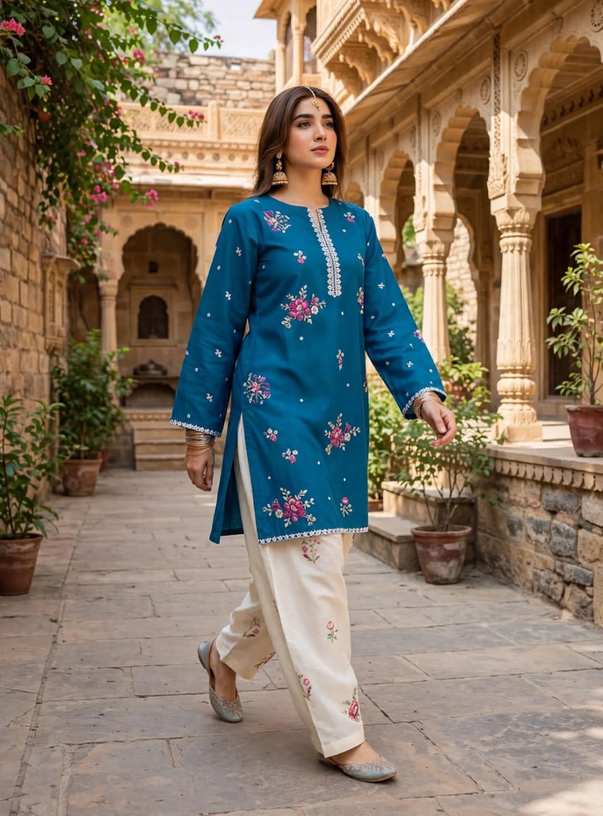 Stitched 2-Piece Peacock Blue Embroidered Lawn Co-Ord Set with Printed Trousers