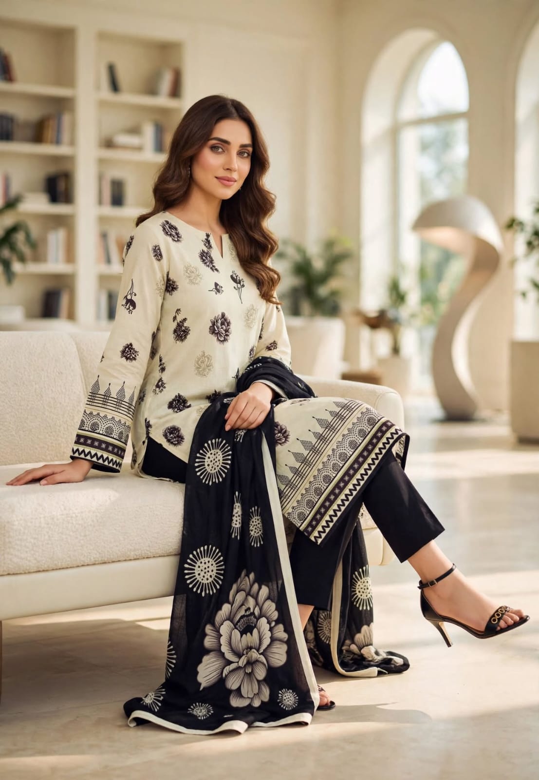 Classic Black & Ivory Bana Dora 3-Piece Unstitched Suit