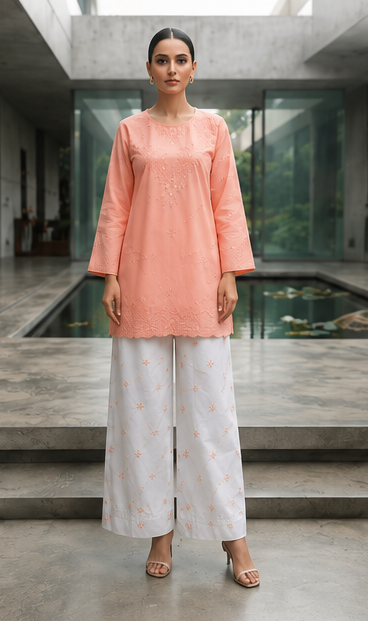 Stiched Peach Bloom Embroidered 2-Piece Suit