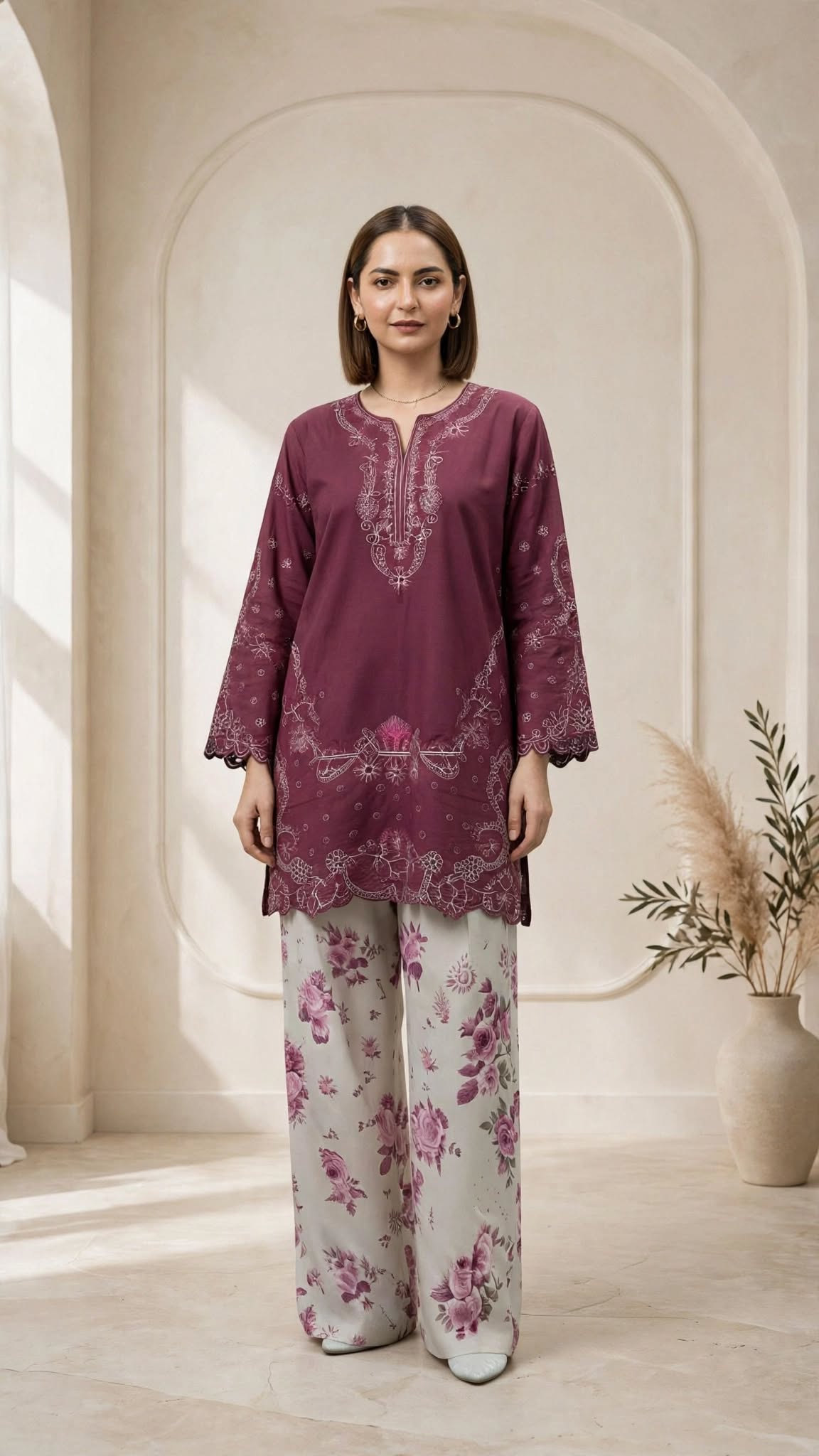 Stiched Grape Maroon Shirt with Floral Printed Off-White Trouser