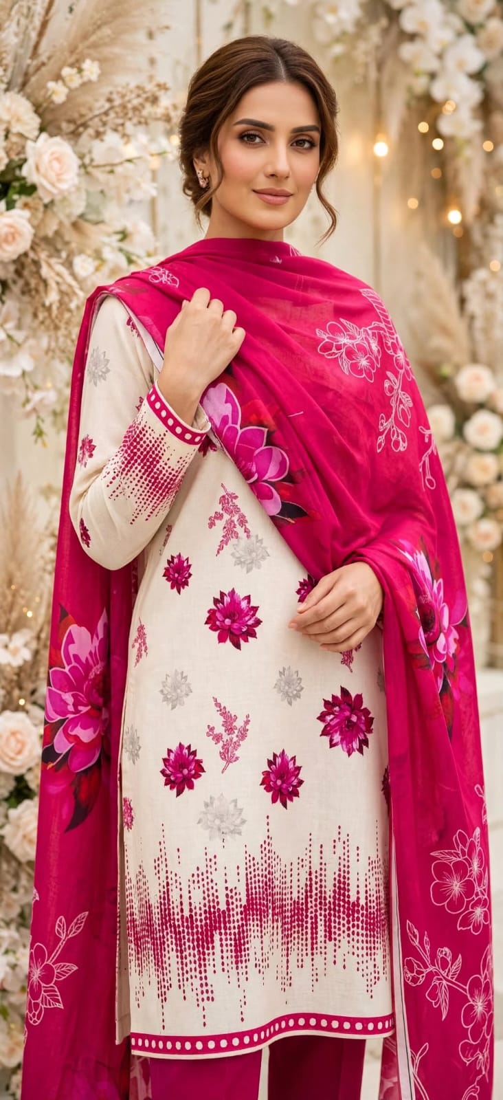 3-piece Unstiched Magenta floral patterns Bana Dora