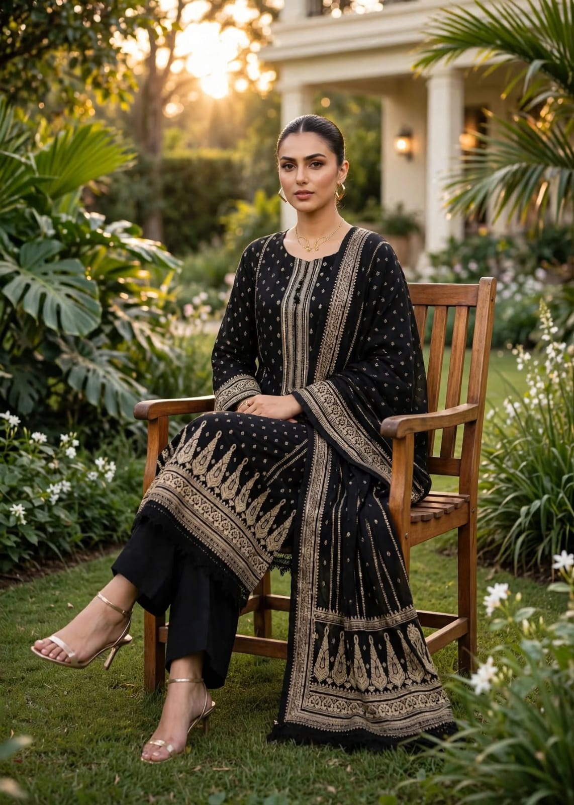 Black 3 Pc Unstich Printed lown fabric Bin Naeem Brand
