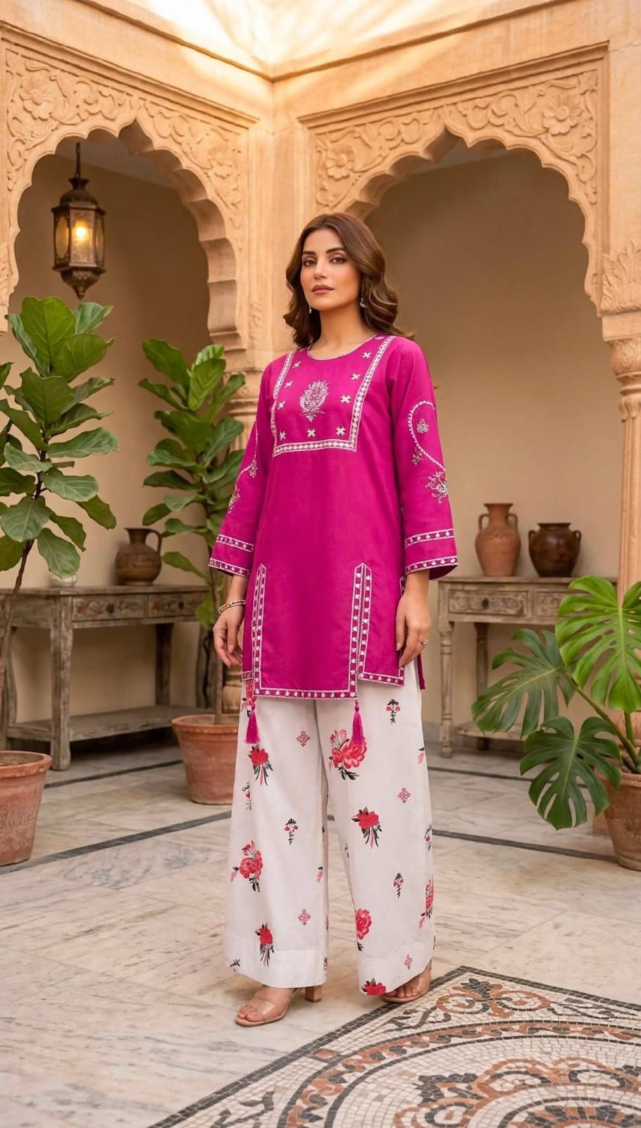 Stitched 2-Piece Magenta / Deep Pink Embroidered Lawn Co-Ord Set with Printed Trousers