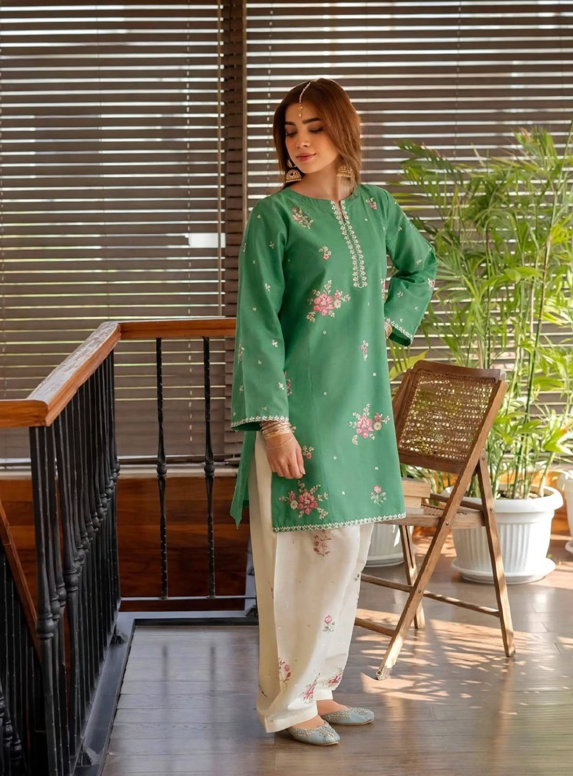 Stitched 2-Piece Sage / Forest Green Kurti  Embroidered Lawn Co-Ord Set with Printed Trousers