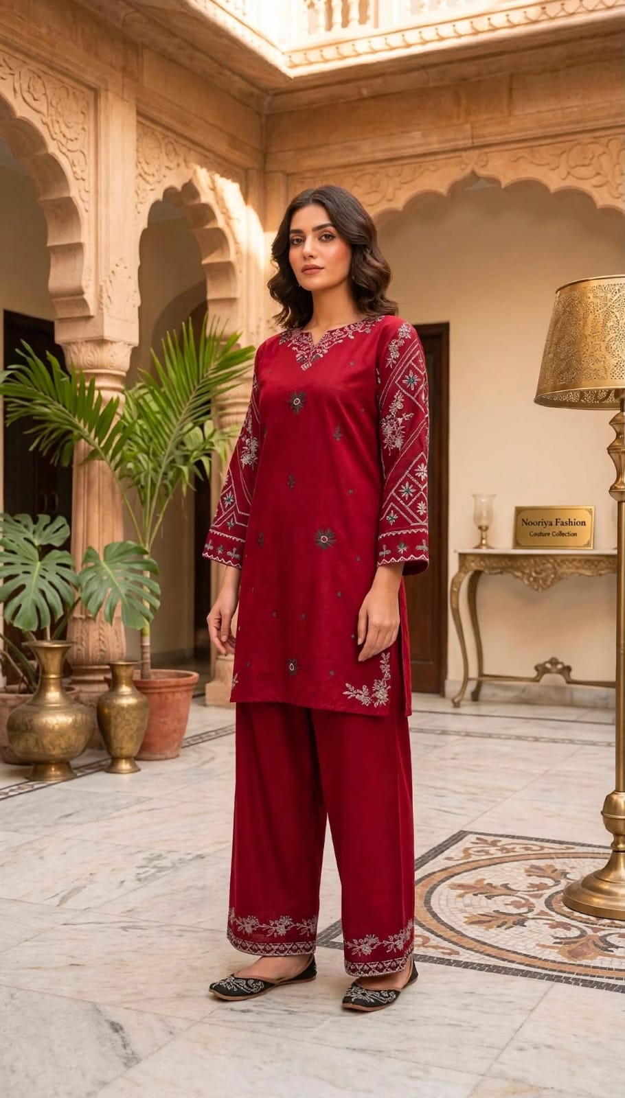 Stitched 2-Piece Rich Maroon Kurti Embroidered Lawn Co-Ord Set with Printed Trousers