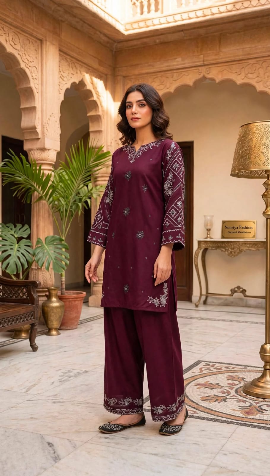 Stitched 2-Piece Red Rust Embroidered Lawn Co-Ord Set with Printed Trousers