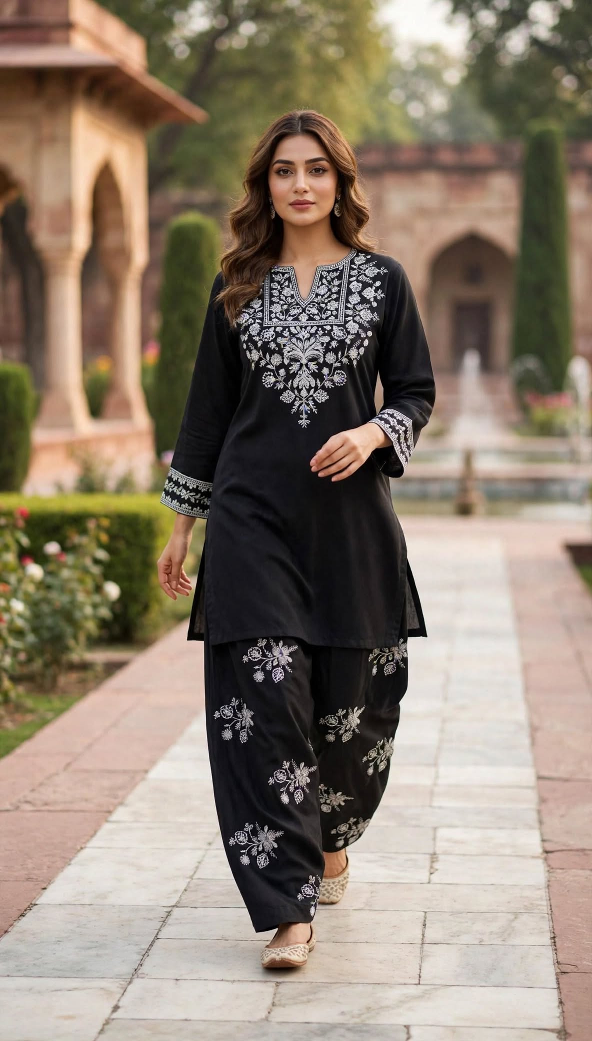 Stitched 2-Piece Jet Black Contrast Ivory Embroidered Lawn Co-Ord Set with Printed Trousers