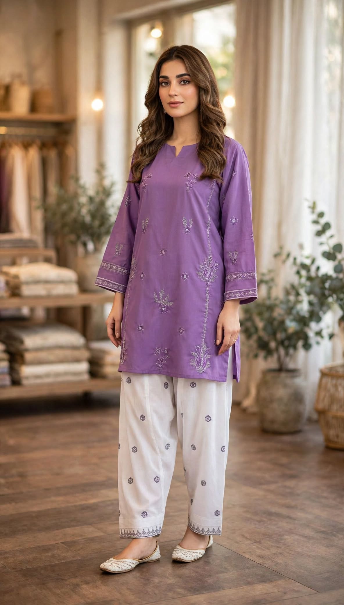 Stitched 2-Piece Violet/Purple Embroidered Lawn Co-Ord Set with Printed Trousers