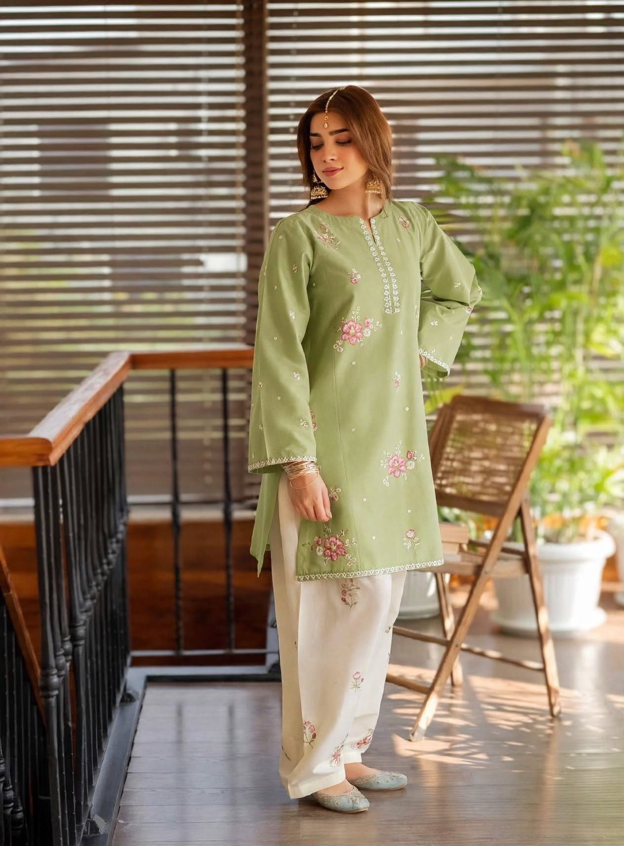 Stitched 2-Piece Sage Green with Multi-Color Pastel Embroidered Lawn Co-Ord Set with Printed Trousers