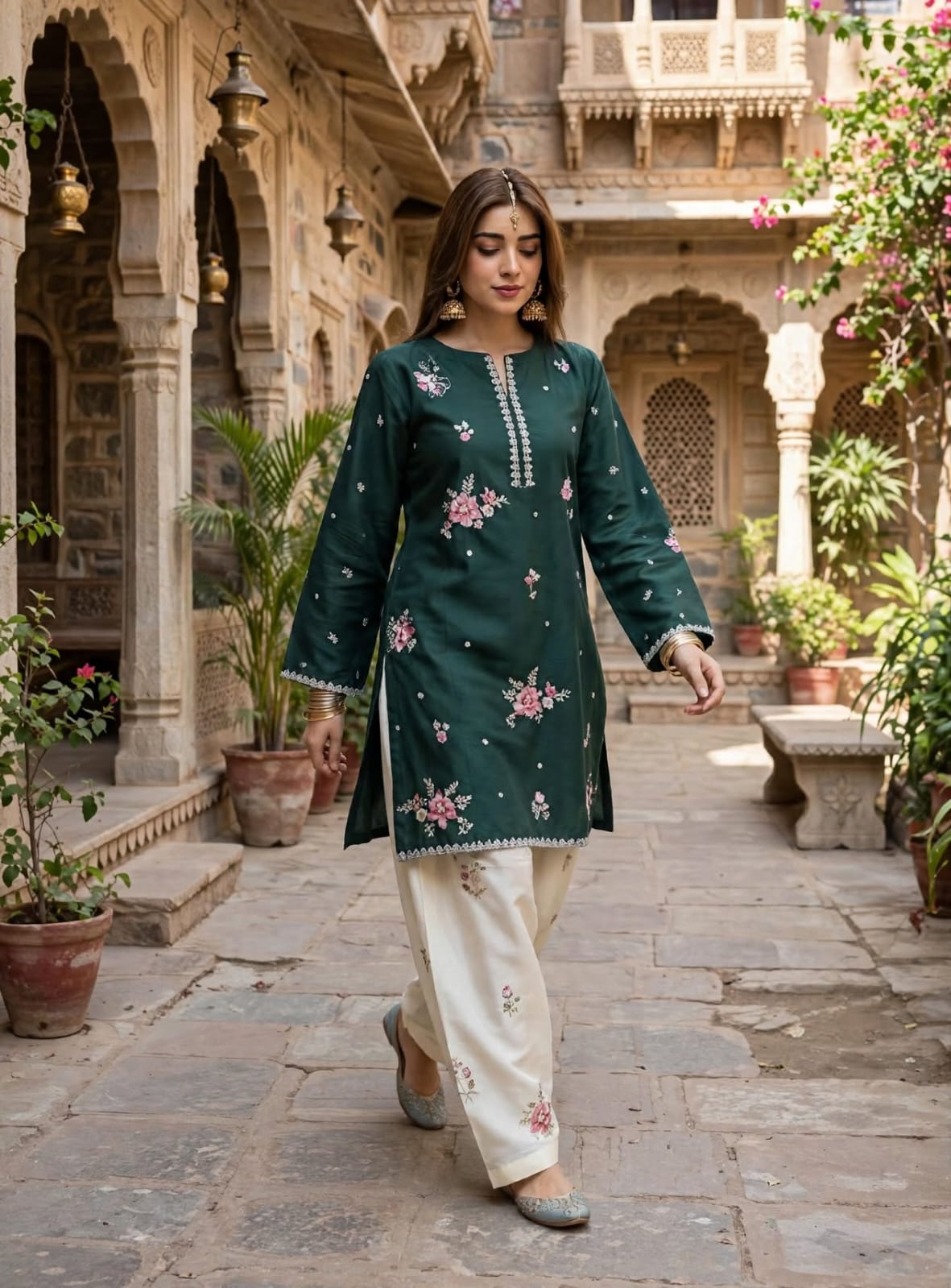Stitched 2-Piece Deep Emerald Green Embroidered Lawn Co-Ord Set with Printed Trousers