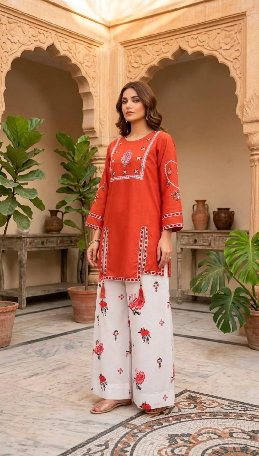 Stitched 2-Piece Rust Orange-Red Embroidered Lawn Co-Ord Set with Printed Trousers