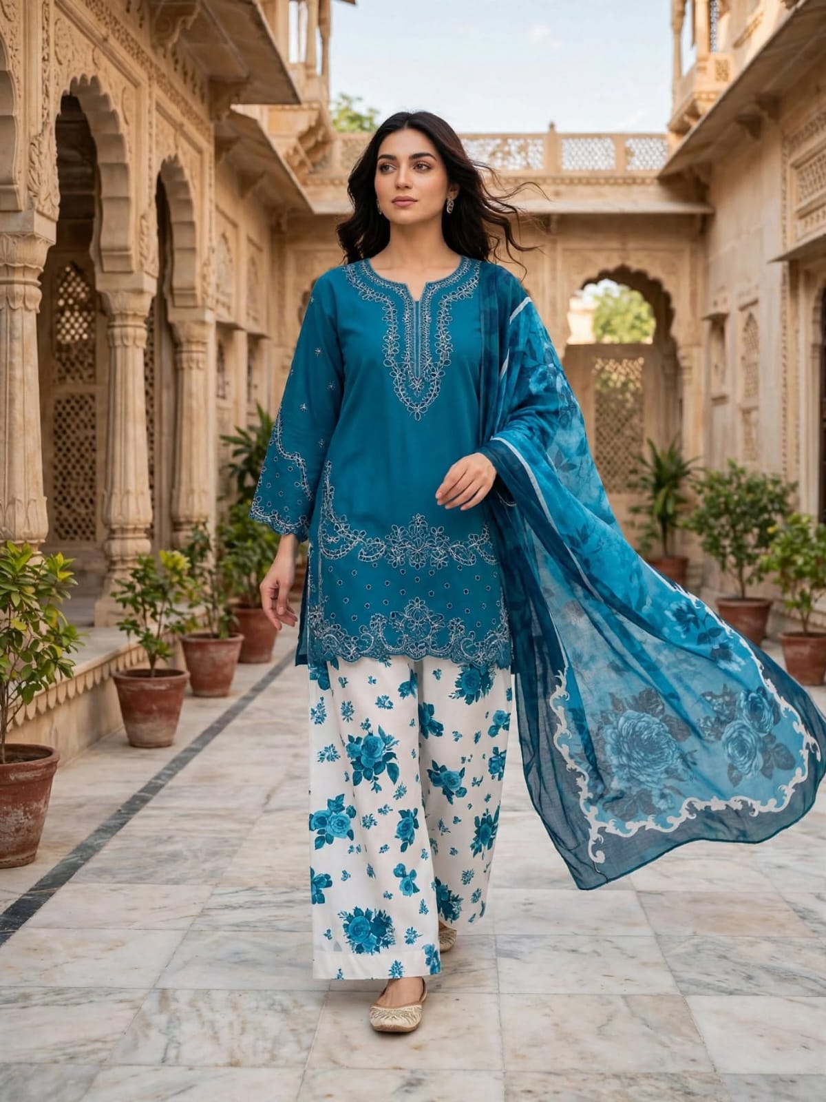 Stitched Teal Blue Embroidered 3-Piece Kurti, Floral Palazzo & Dupatta Set