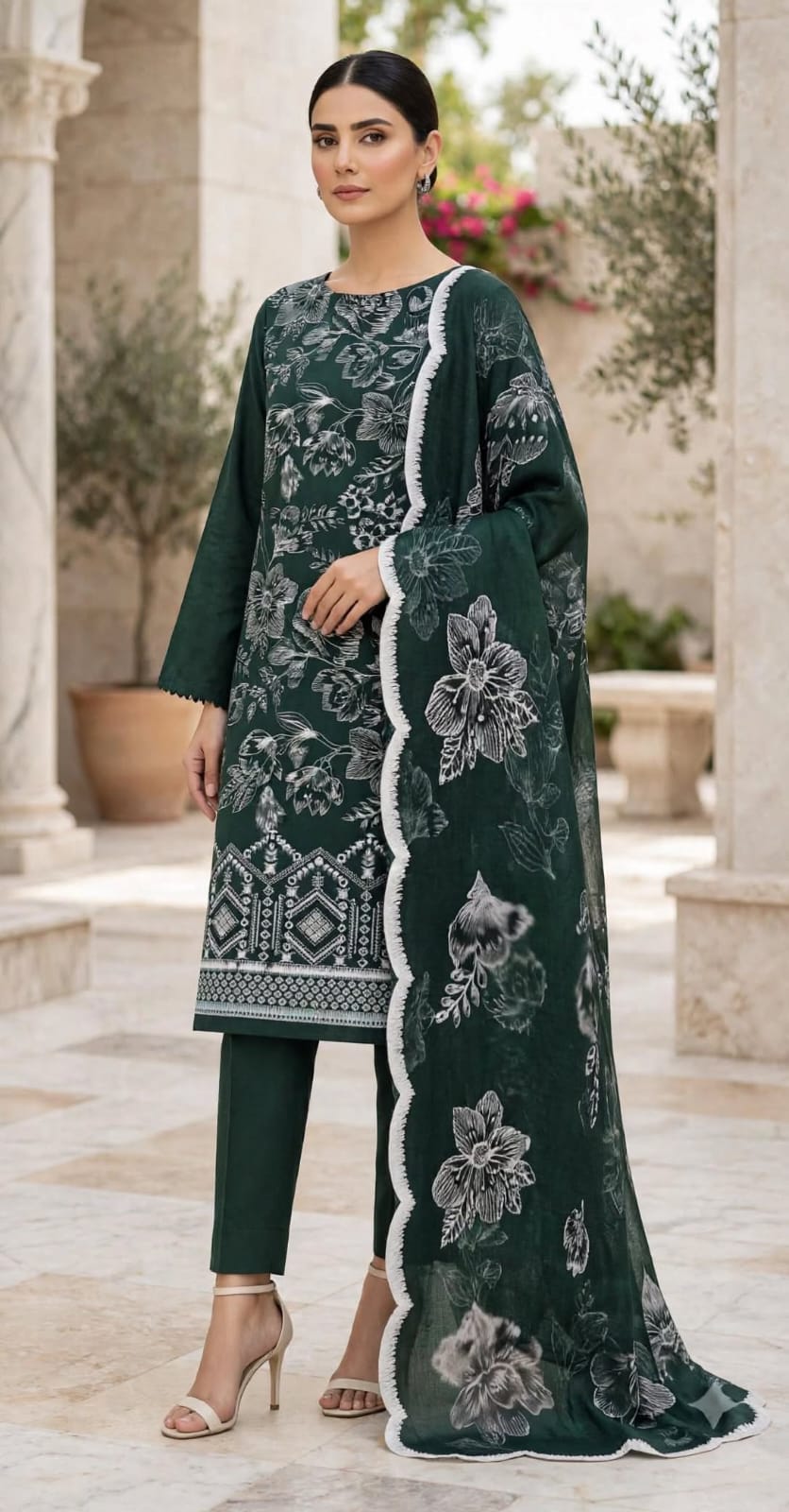 Unstitched 3 Pc Embroidered Suit - Forest Green Elegance