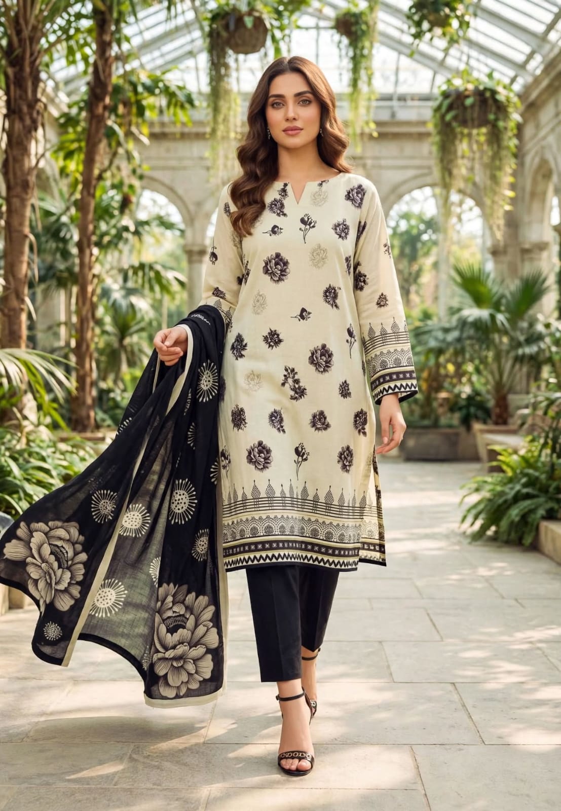 Classic Black & Ivory Bana Dora 3-Piece Unstitched Suit