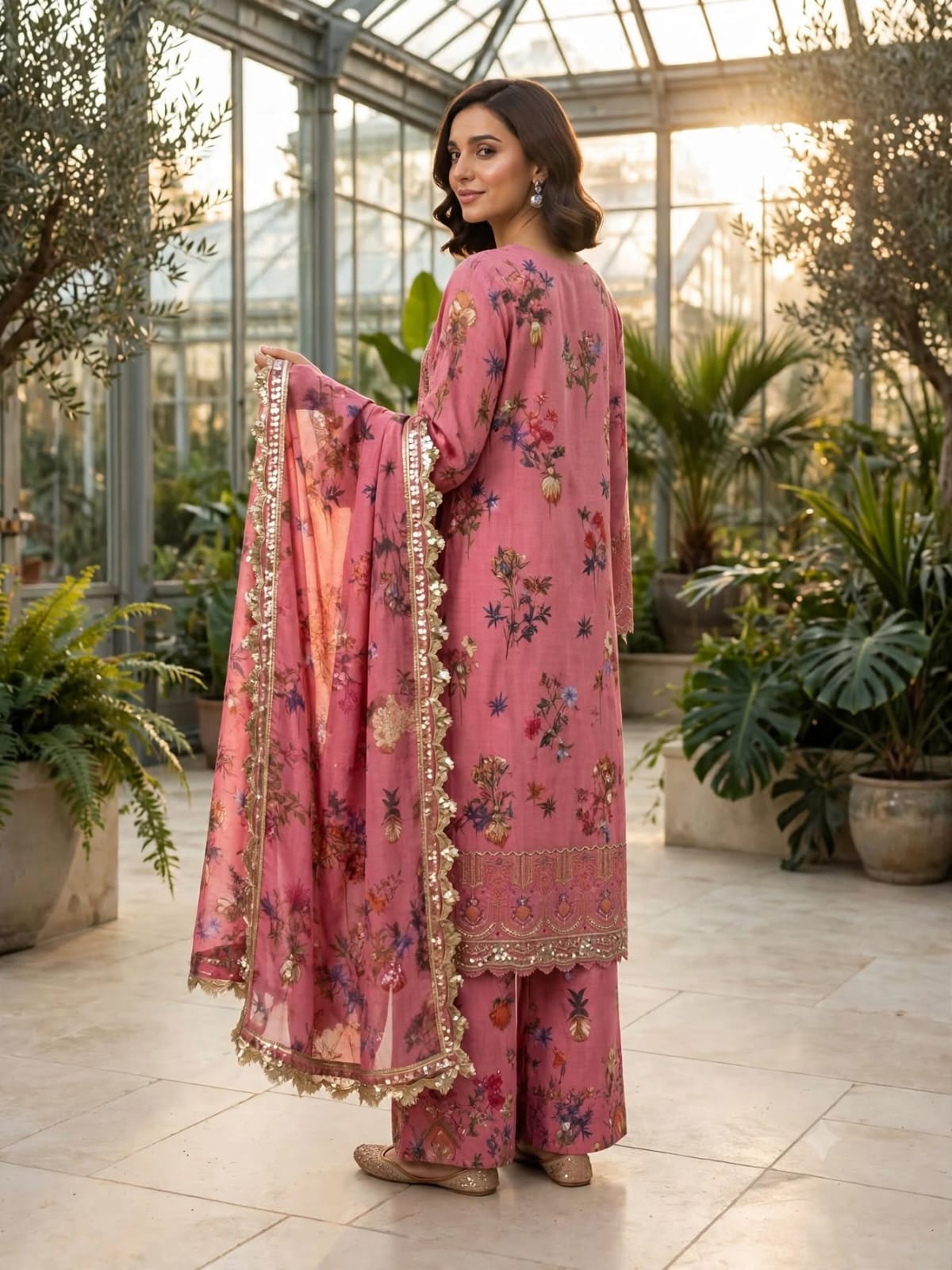 3 PC Unstitched Premium Pink Printed Lawn with Heavy Embroidered Neckline & Decorative Patches