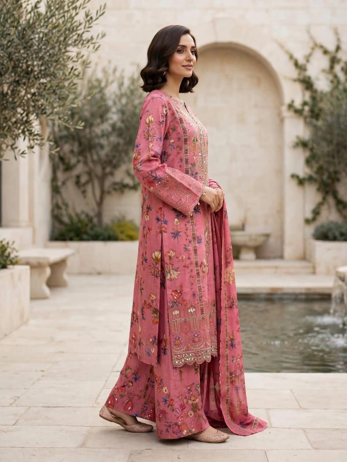 3 PC Unstitched Premium Pink Printed Lawn with Heavy Embroidered Neckline & Decorative Patches