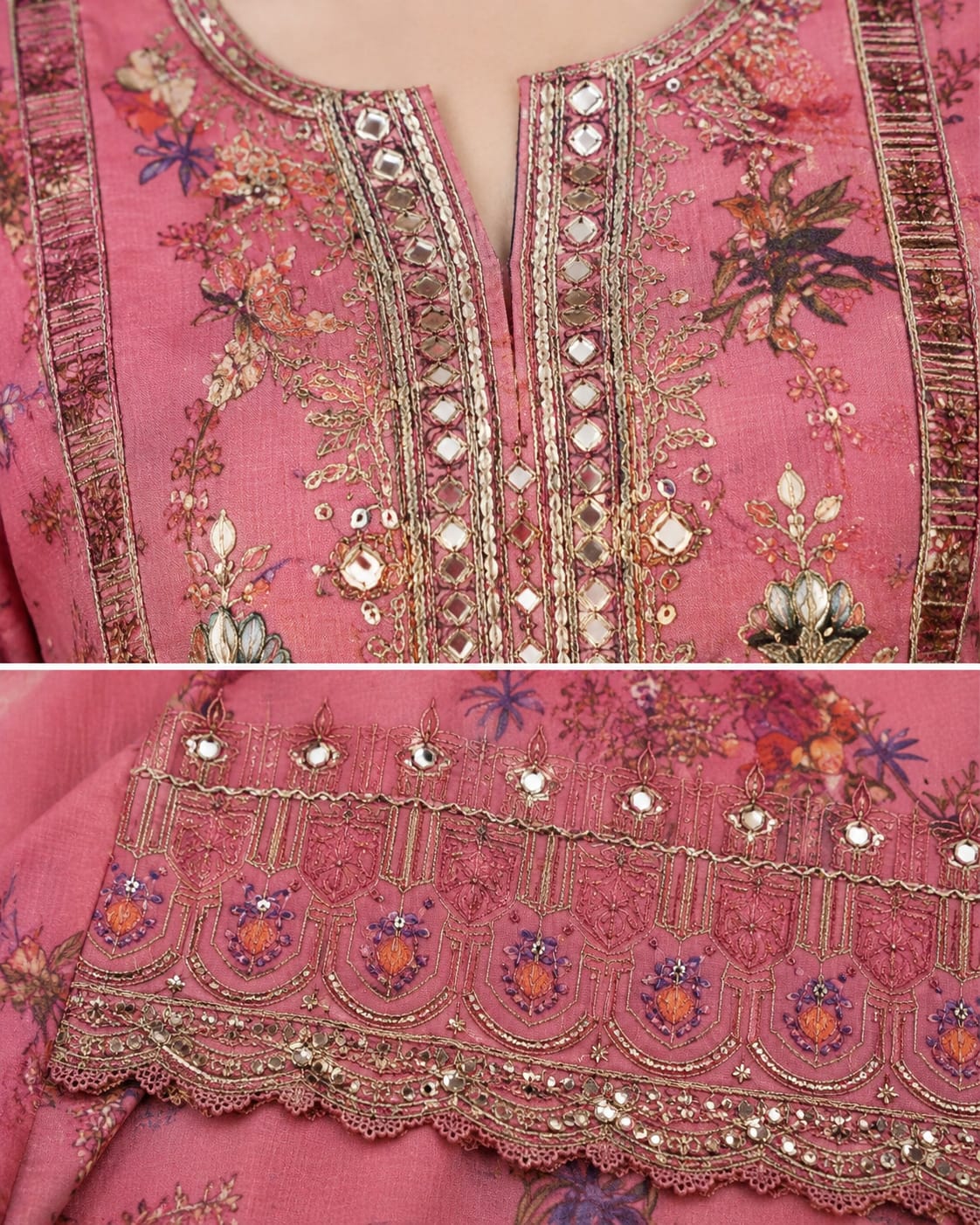 3 PC Unstitched Premium Pink Printed Lawn with Heavy Embroidered Neckline & Decorative Patches