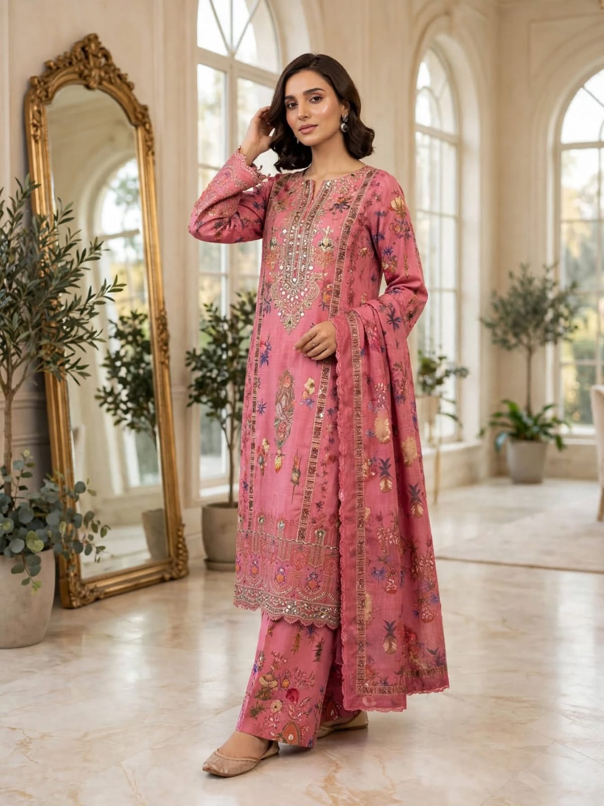 3 PC Unstitched Premium Pink Printed Lawn with Heavy Embroidered Neckline & Decorative Patches
