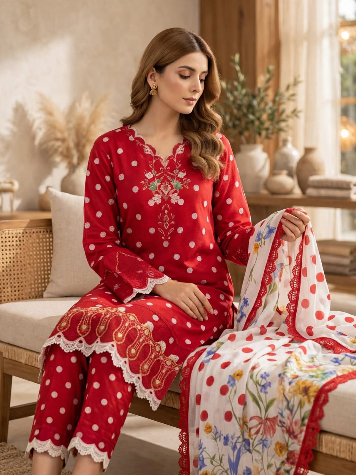 3-Piece Unstitched Red Polka Lawn Suit with Embroidered Neckline & Patches