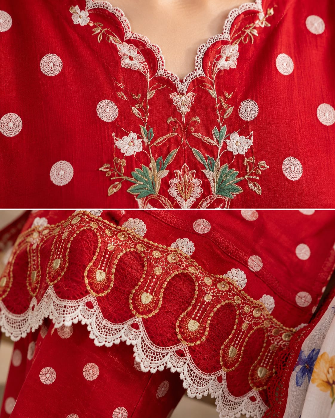3-Piece Unstitched Red Polka Lawn Suit with Embroidered Neckline & Patches