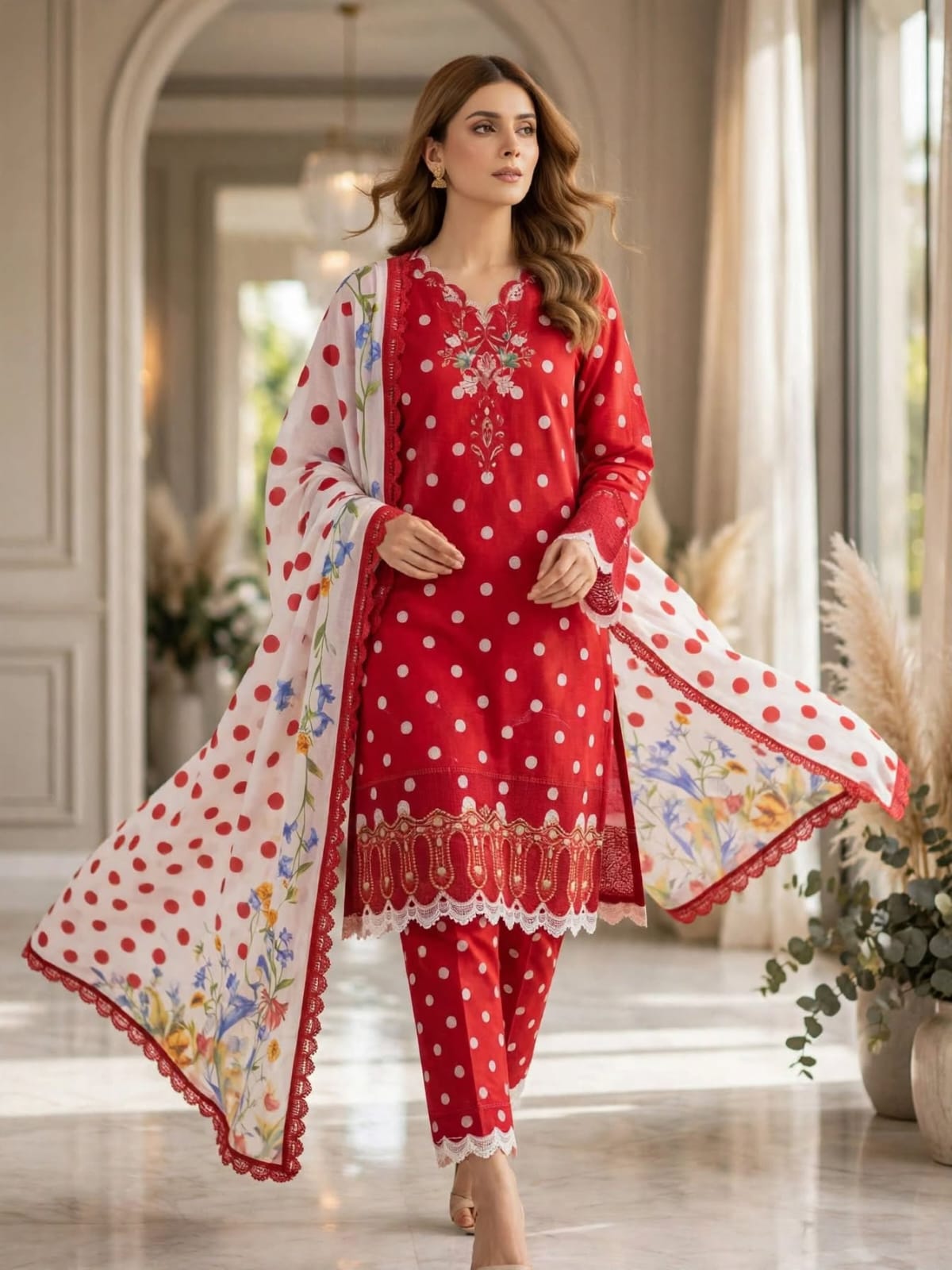 3-Piece Unstitched Red Polka Lawn Suit with Embroidered Neckline & Patches