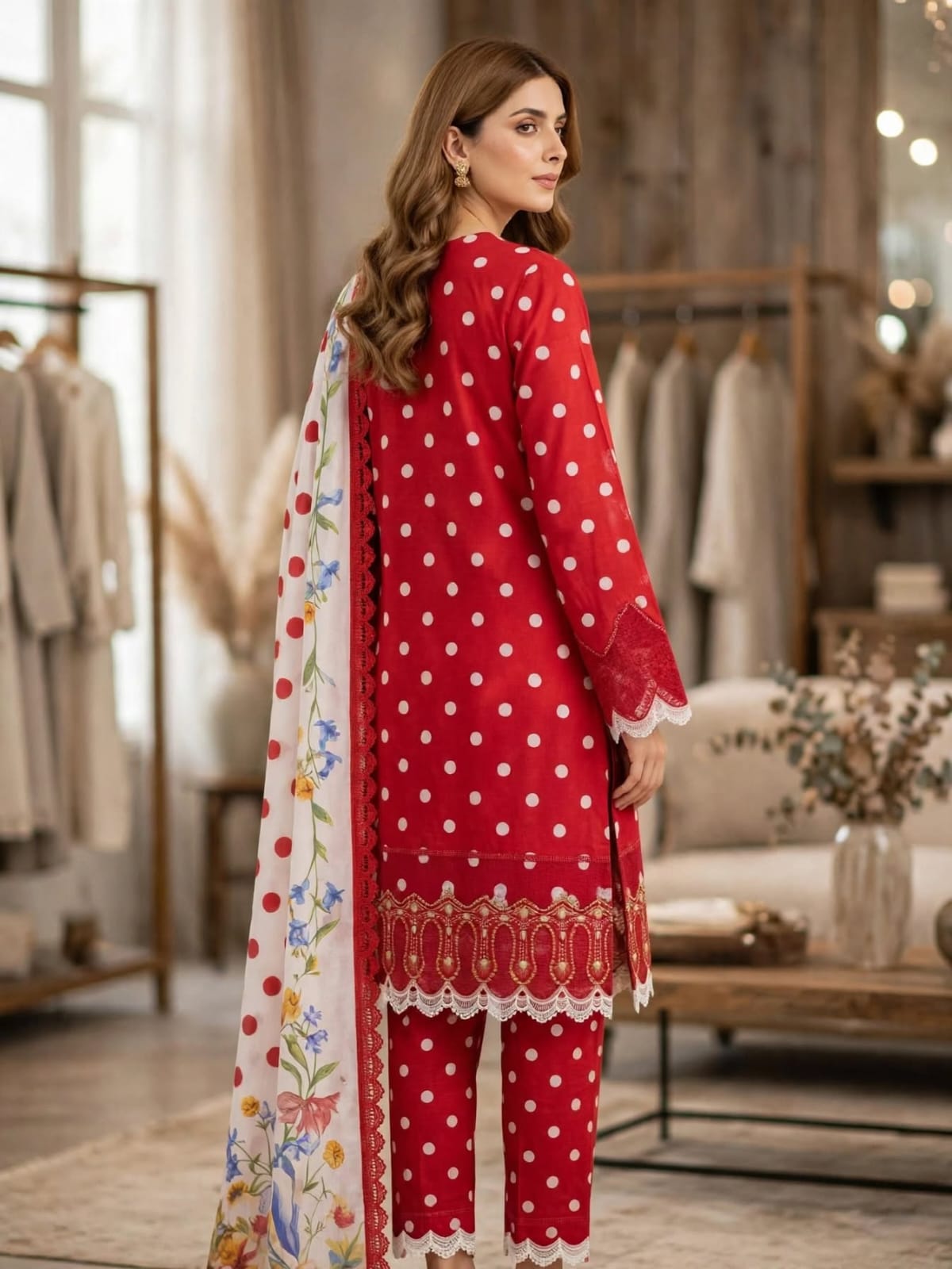 3-Piece Unstitched Red Polka Lawn Suit with Embroidered Neckline & Patches