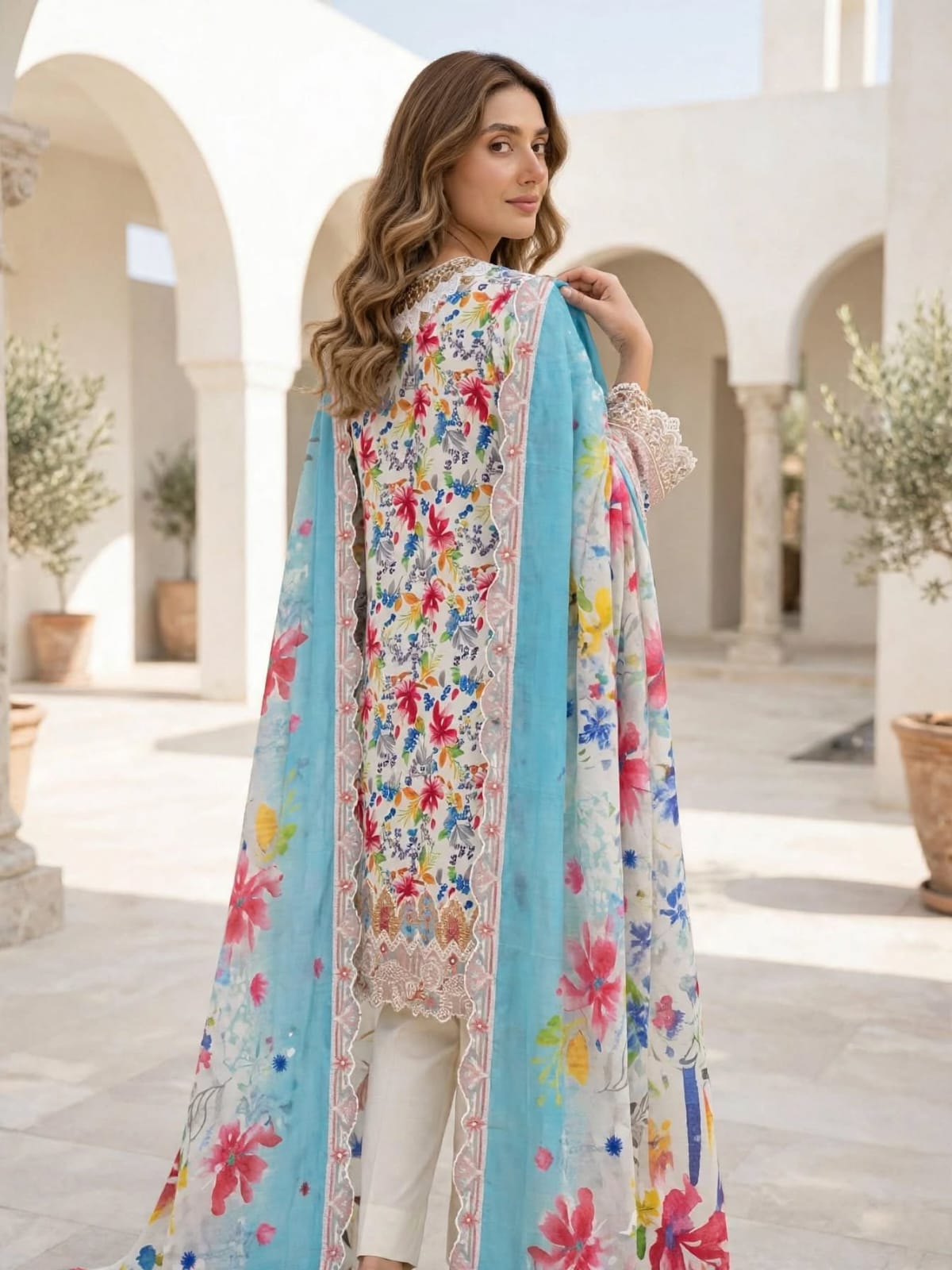 3-Piece Unstitched Sky Bloom Floral Lawn Suit with Embroidered Neckline & Border Patches