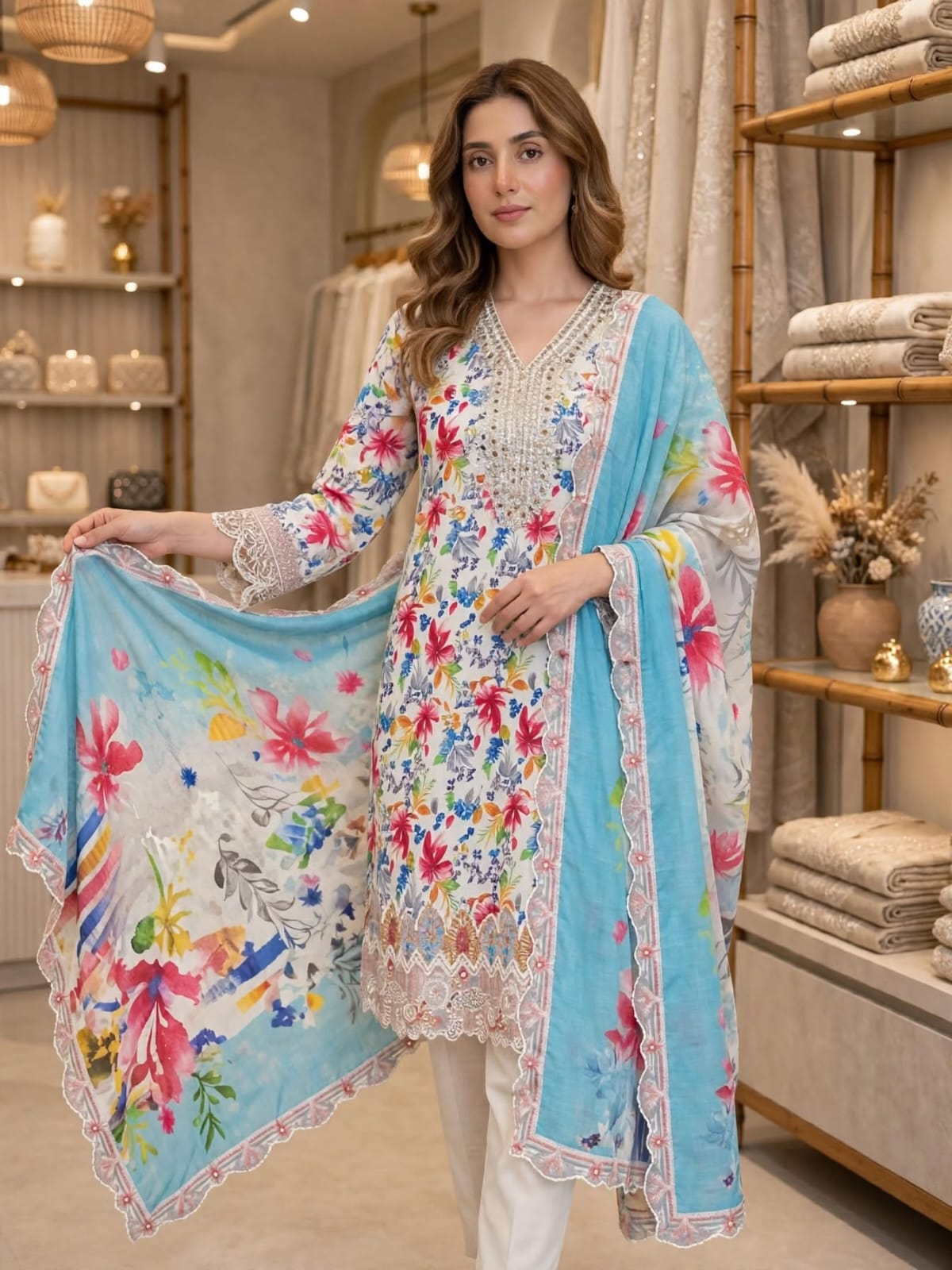 3-Piece Unstitched Sky Bloom Floral Lawn Suit with Embroidered Neckline & Border Patches