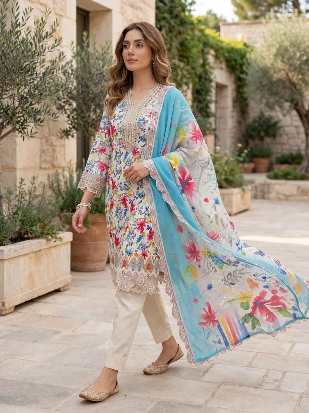 3-Piece Unstitched Sky Bloom Floral Lawn Suit with Embroidered Neckline & Border Patches