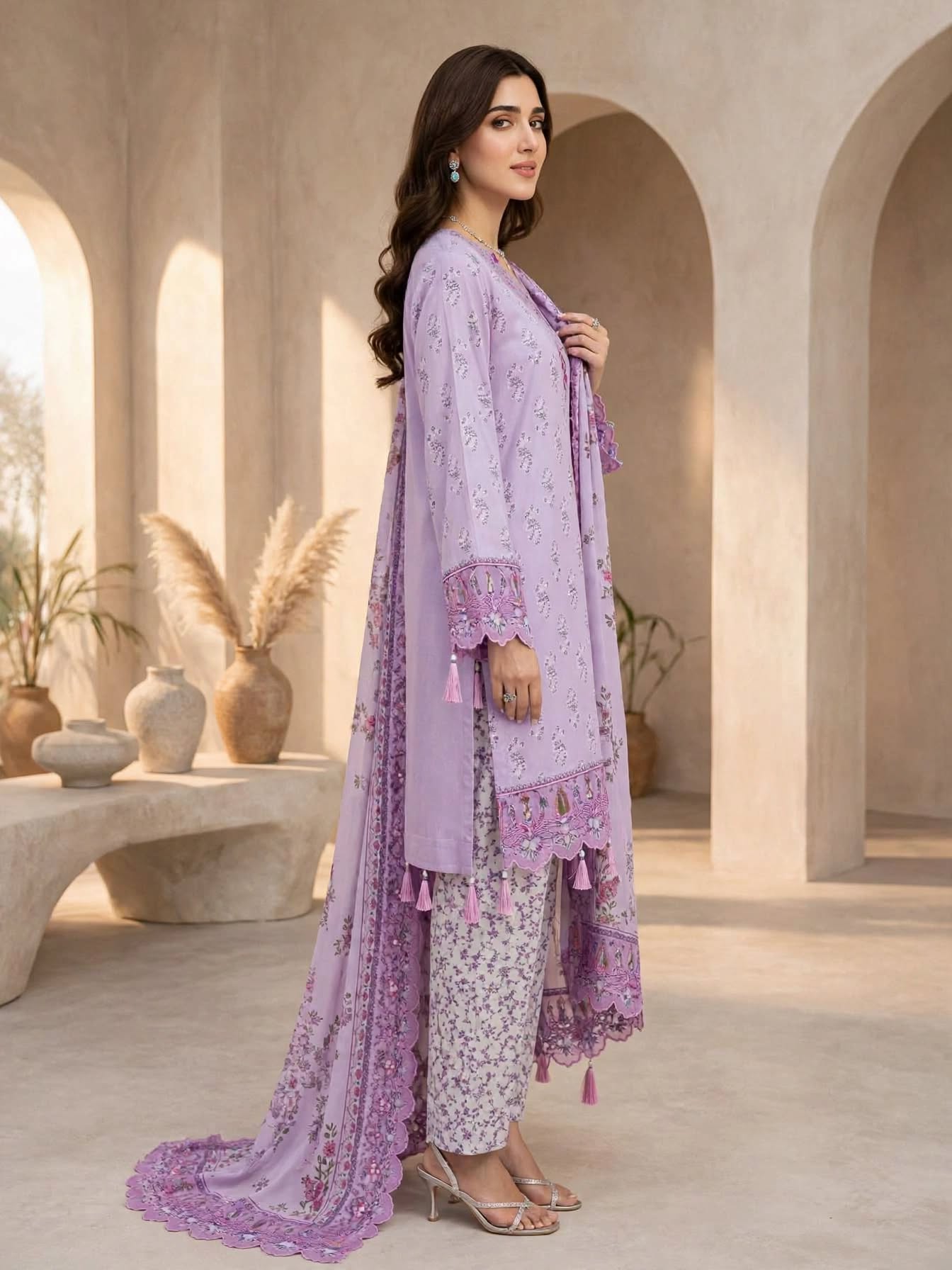 3 Pc Unstitched Lilac Lavender  Lawn Suit with Cutwork Borders & Embroidered Patches