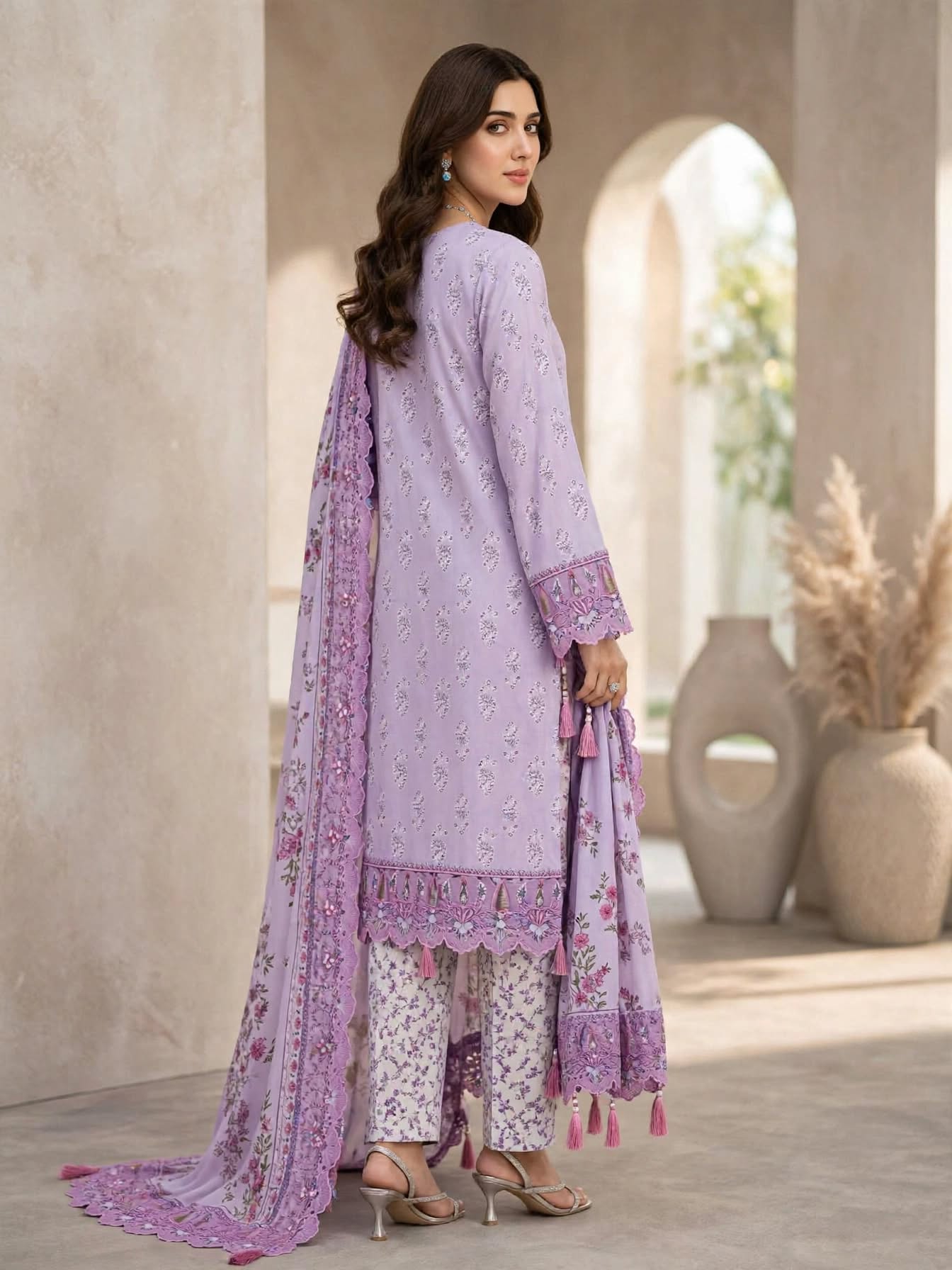 3 Pc Unstitched Lilac Lavender  Lawn Suit with Cutwork Borders & Embroidered Patches