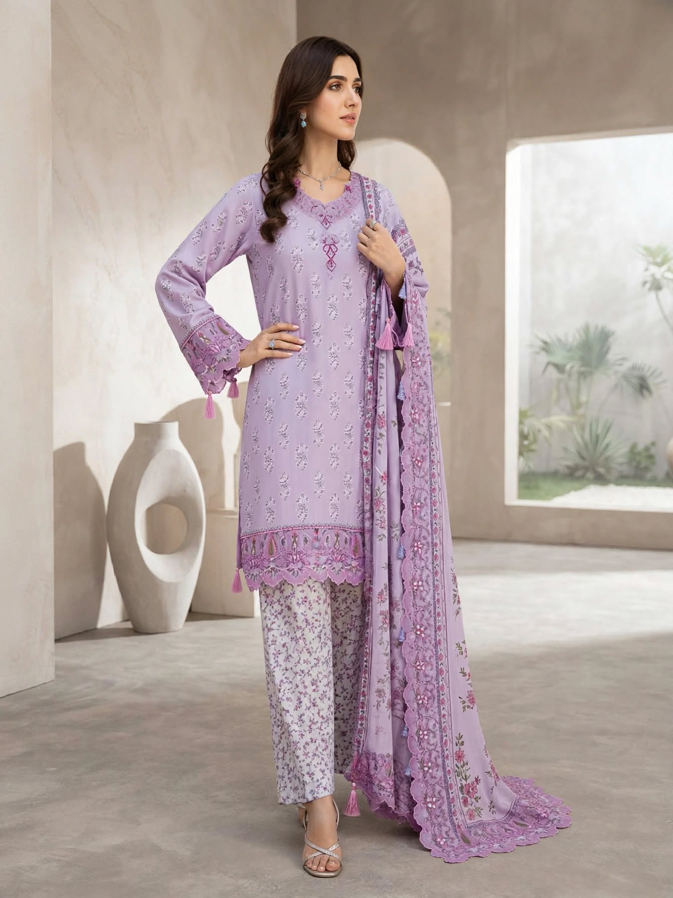 3 Pc Unstitched Lilac Lavender  Lawn Suit with Cutwork Borders & Embroidered Patches