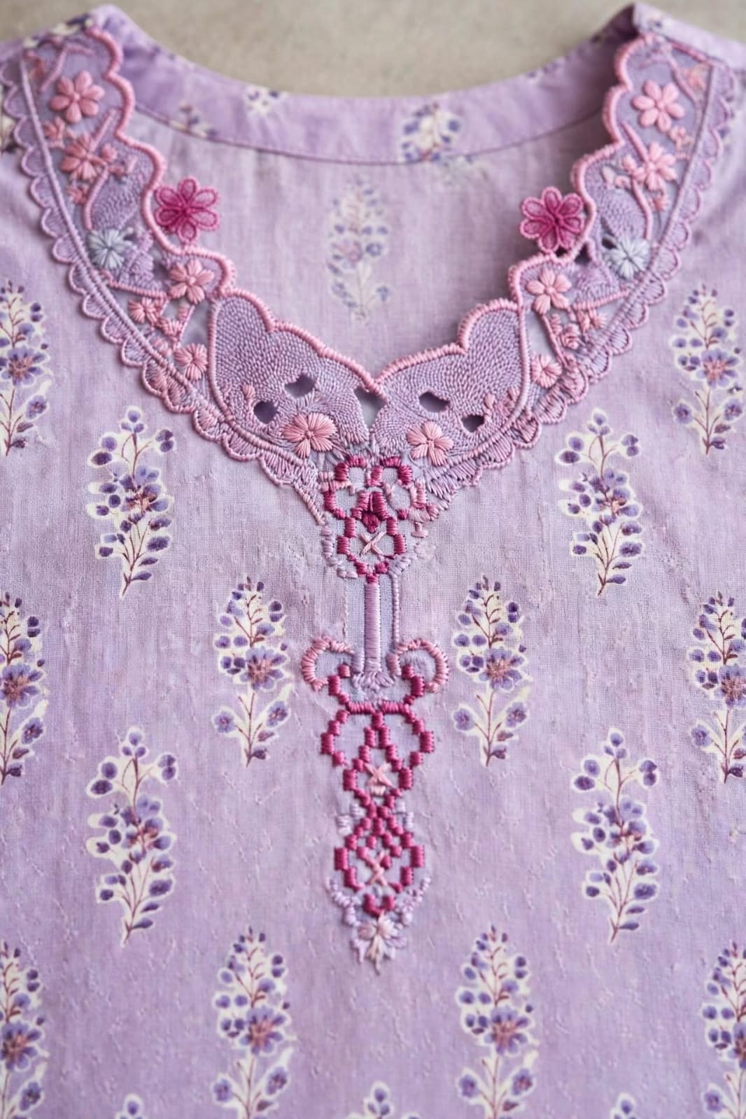 3 Pc Unstitched Lilac Lavender  Lawn Suit with Cutwork Borders & Embroidered Patches