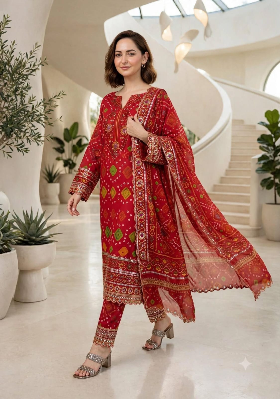 3 Pc Unstitched Traditional Red Bandhani Chunri  Lawn Suit with Mirror & Gota Embroidered Patches