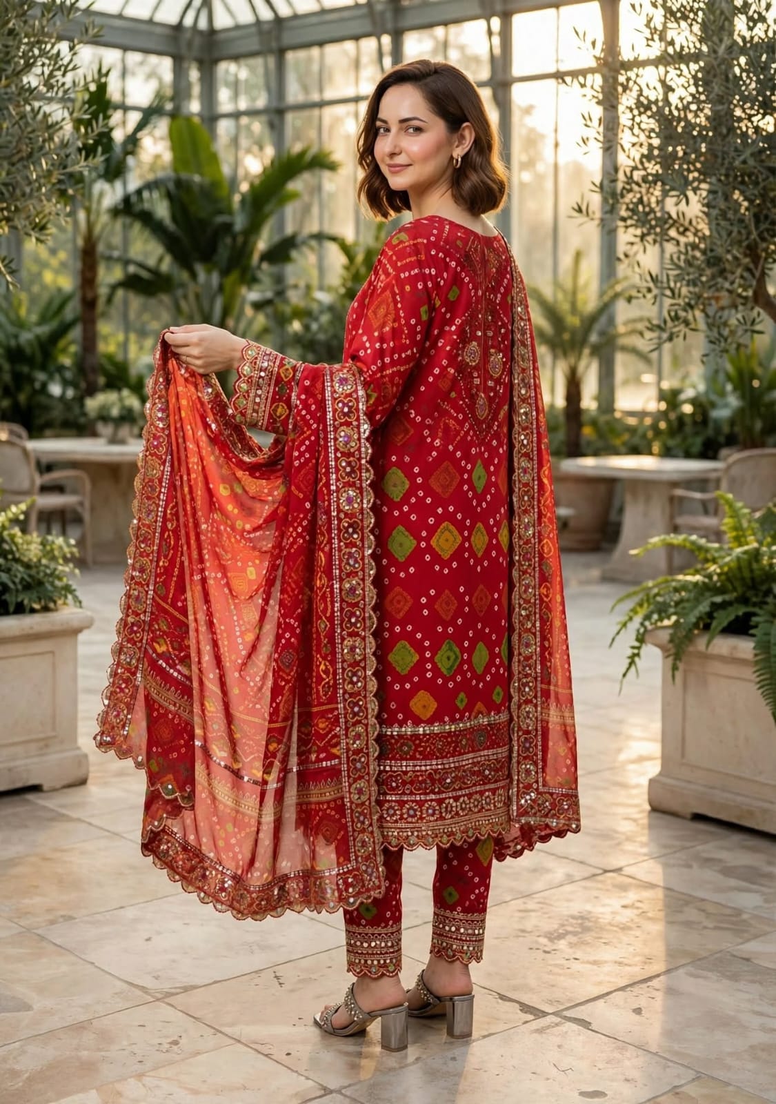 3 Pc Unstitched Traditional Red Bandhani Chunri  Lawn Suit with Mirror & Gota Embroidered Patches