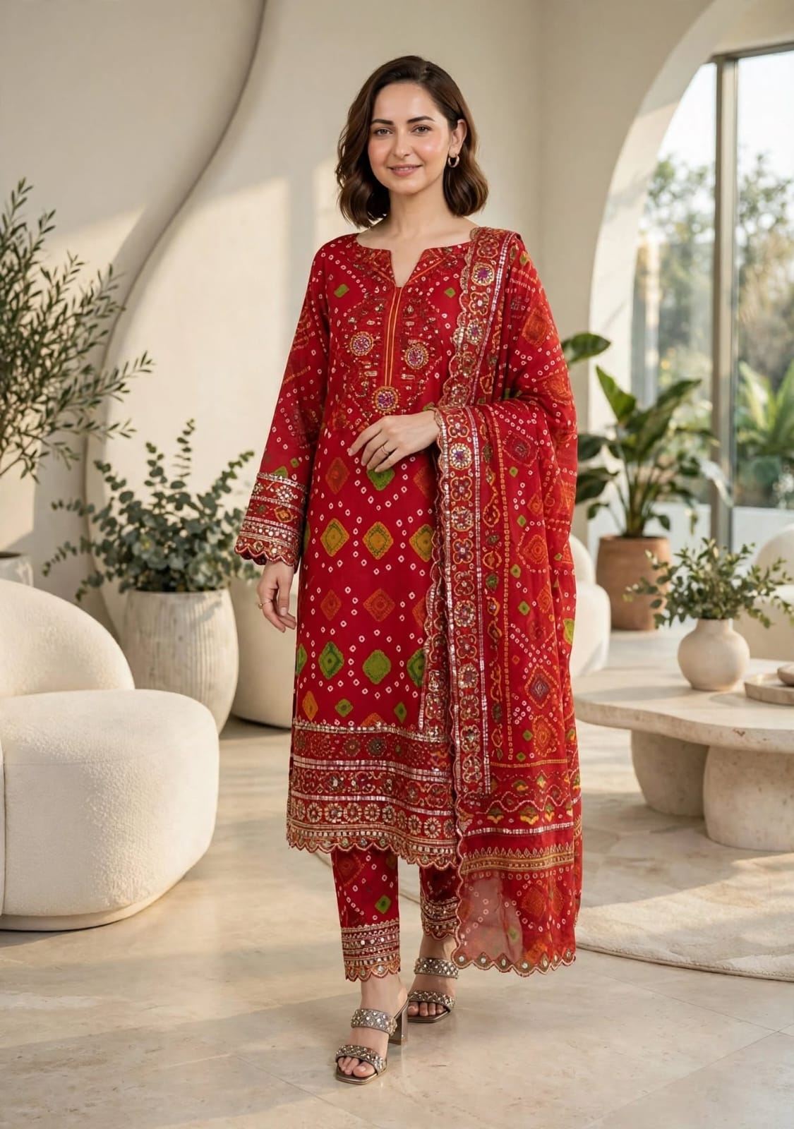 3 Pc Unstitched Traditional Red Bandhani Chunri  Lawn Suit with Mirror & Gota Embroidered Patches