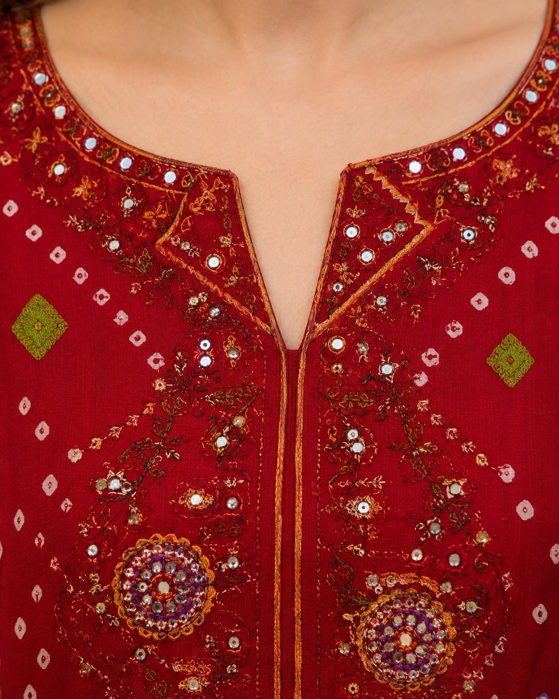 3 Pc Unstitched Traditional Red Bandhani Chunri  Lawn Suit with Mirror & Gota Embroidered Patches