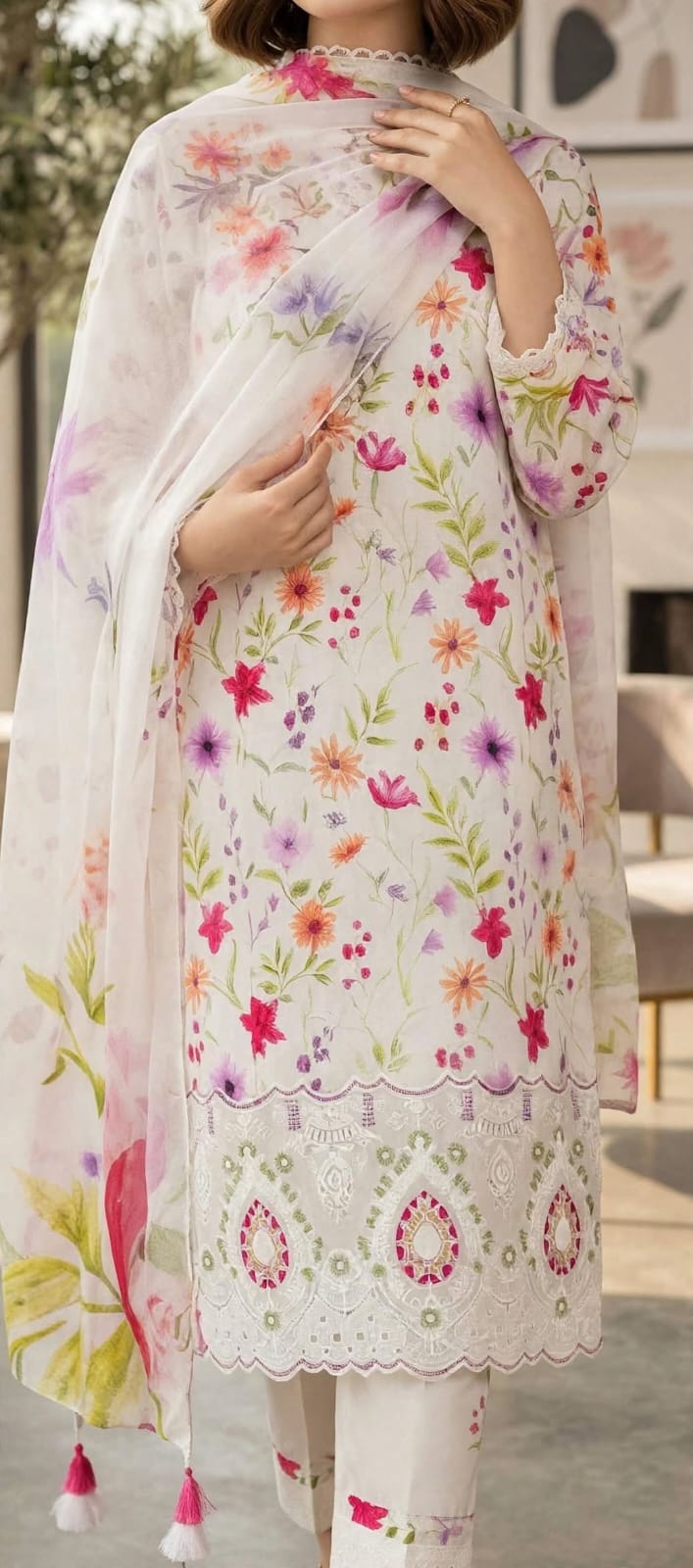 3 Pc Unstitched Ivory Multi-Floral Lawn Suit with Cutwork Daman & Embroidered Patches