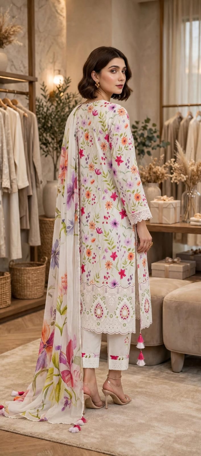3 Pc Unstitched Ivory Multi-Floral Lawn Suit with Cutwork Daman & Embroidered Patches